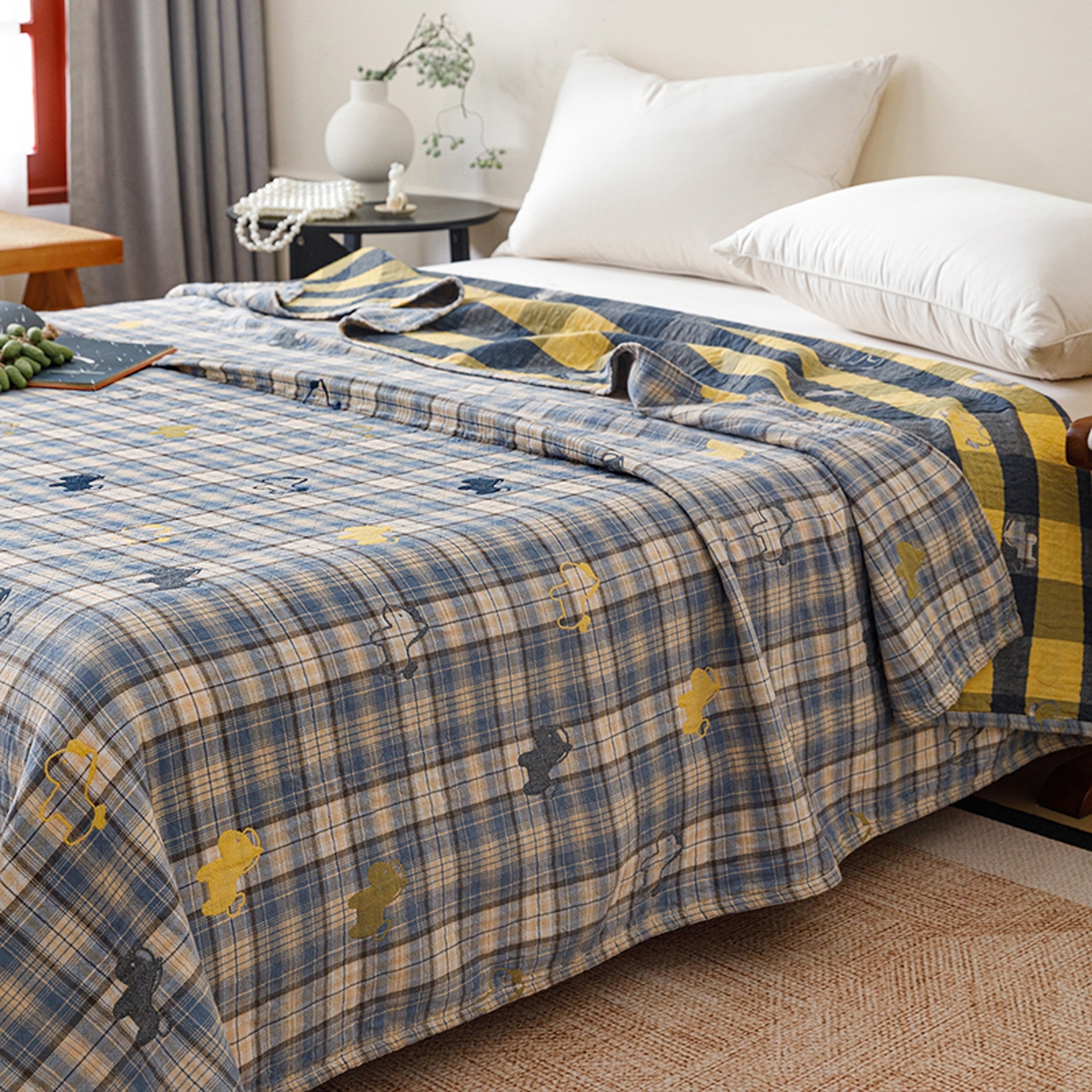 91家纺网 家纺一手货源 找家纺 悦然毛巾被 2026春夏新款全棉纯棉三层纱水洗毛巾被夏被夏凉被空调被 彩格小马蓝