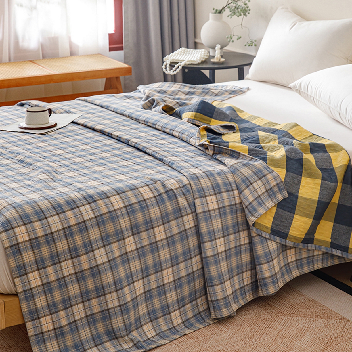 91家纺网 家纺一手货源 找家纺 悦然毛巾被 2026春夏新款全棉纯棉三层纱水洗毛巾被夏被夏凉被空调被 彩格蓝