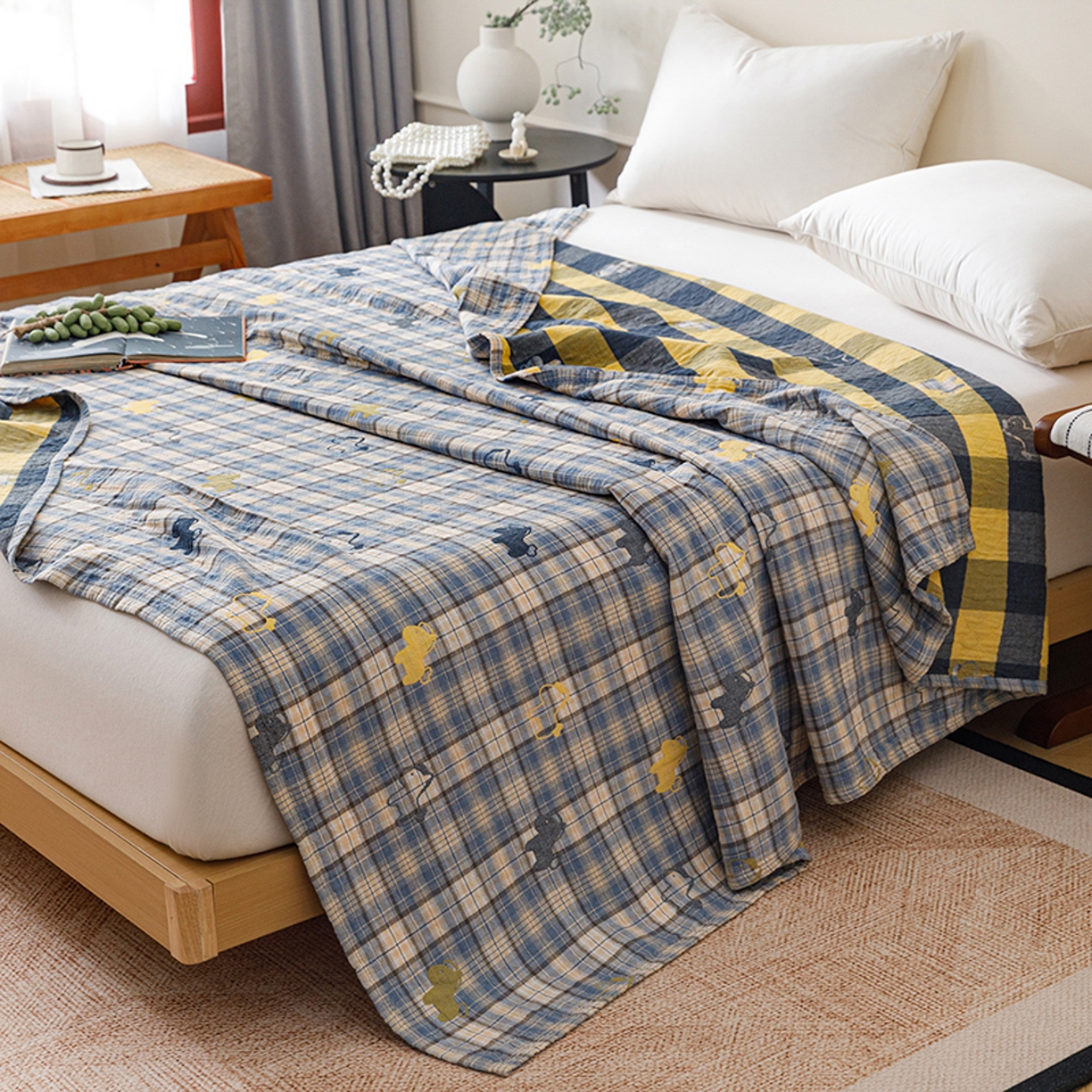 91家纺网 家纺一手货源 找家纺 悦然毛巾被 2026春夏新款全棉纯棉三层纱水洗毛巾被夏被夏凉被空调被 彩格小马蓝