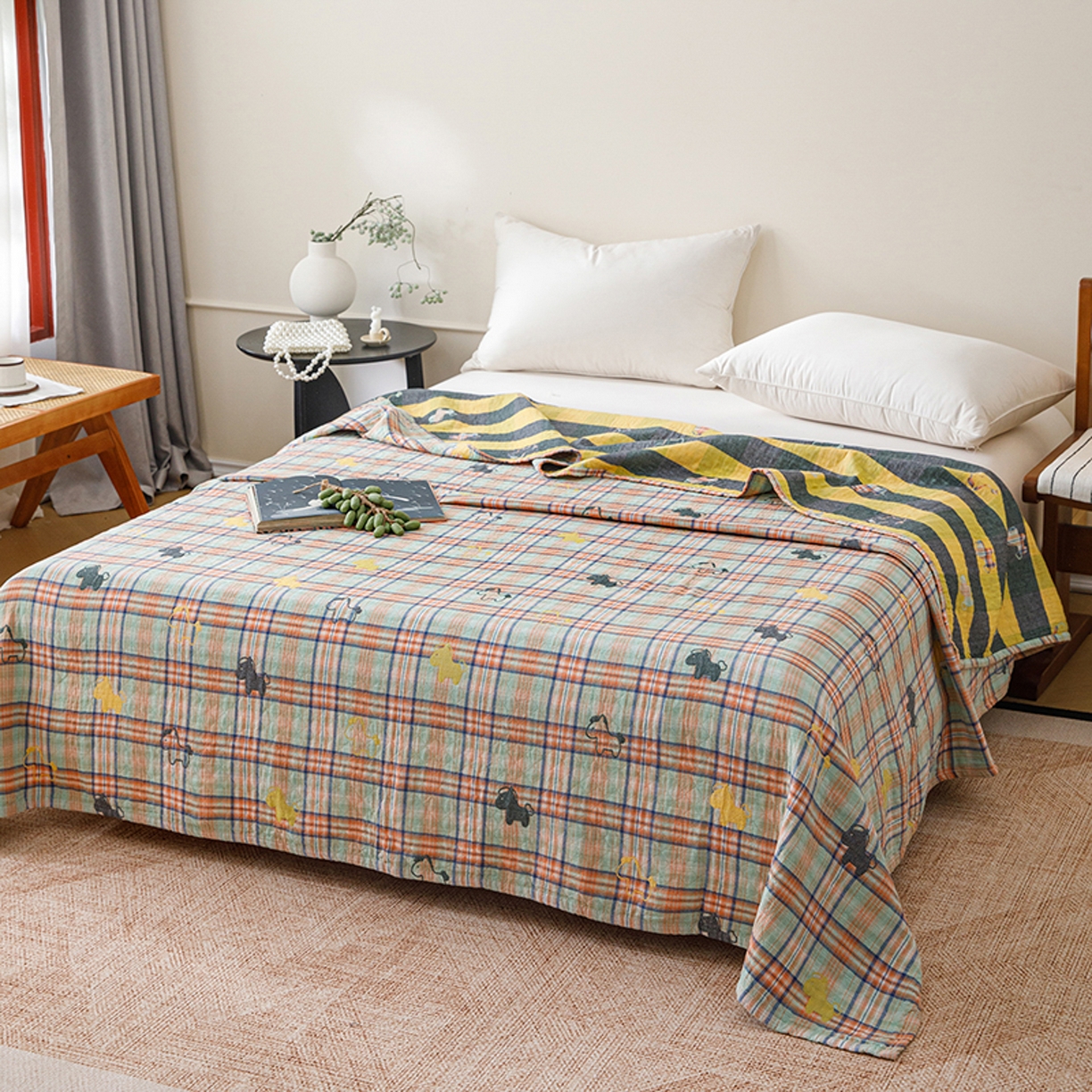 91家纺网 家纺一手货源 找家纺 悦然毛巾被 2026春夏新款全棉纯棉三层纱水洗毛巾被夏被夏凉被空调被 彩格小马绿