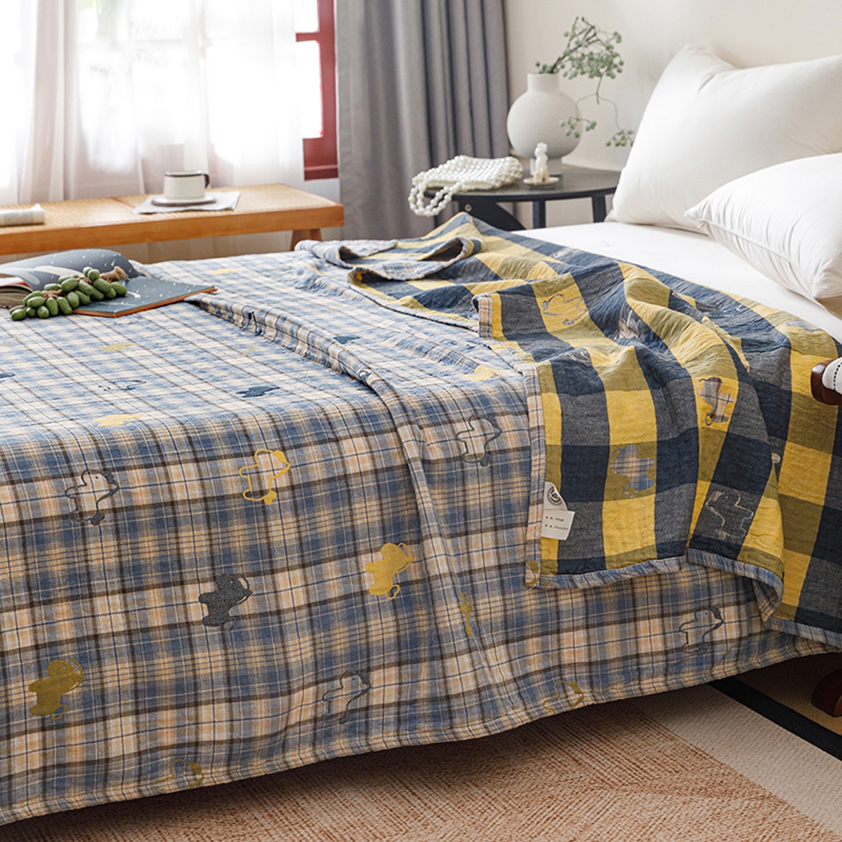 91家纺网 家纺一手货源 找家纺 悦然毛巾被 2026春夏新款全棉纯棉三层纱水洗毛巾被夏被夏凉被空调被 彩格小马蓝