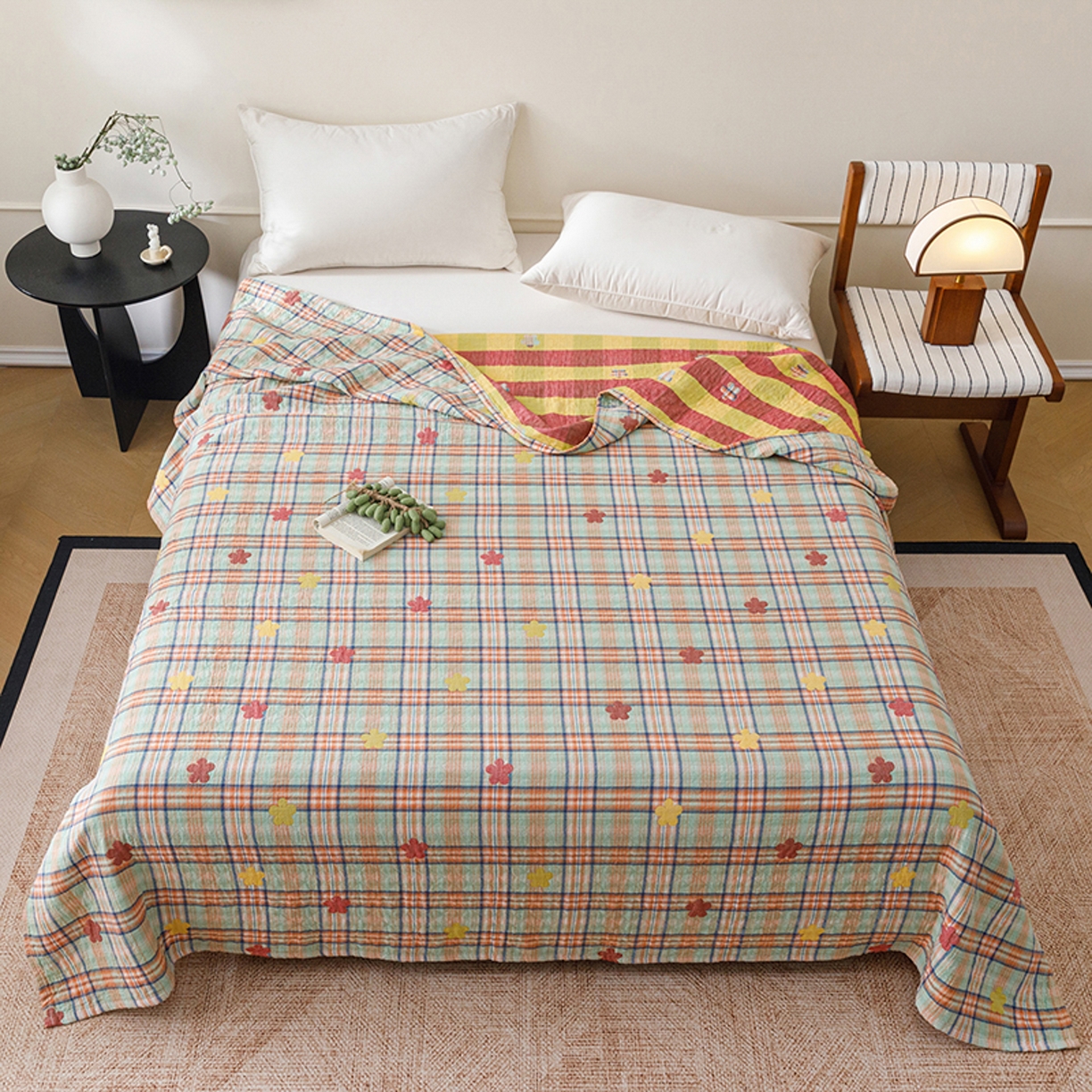 91家纺网 家纺一手货源 找家纺 悦然毛巾被 2026春夏新款全棉纯棉三层纱水洗毛巾被夏被夏凉被空调被 彩格小花绿