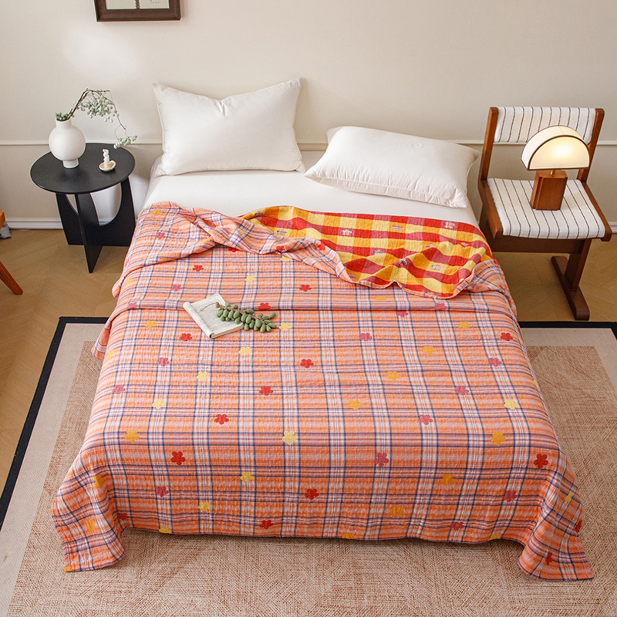 91家纺网 家纺一手货源 找家纺 悦然毛巾被 2026春夏新款全棉纯棉三层纱水洗毛巾被夏被夏凉被空调被 彩格小花橙