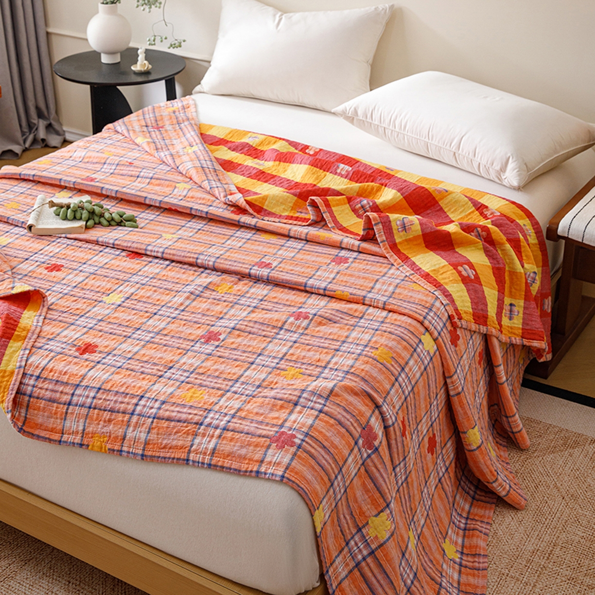 91家纺网 家纺一手货源 找家纺 悦然毛巾被 2026春夏新款全棉纯棉三层纱水洗毛巾被夏被夏凉被空调被 彩格小花橙