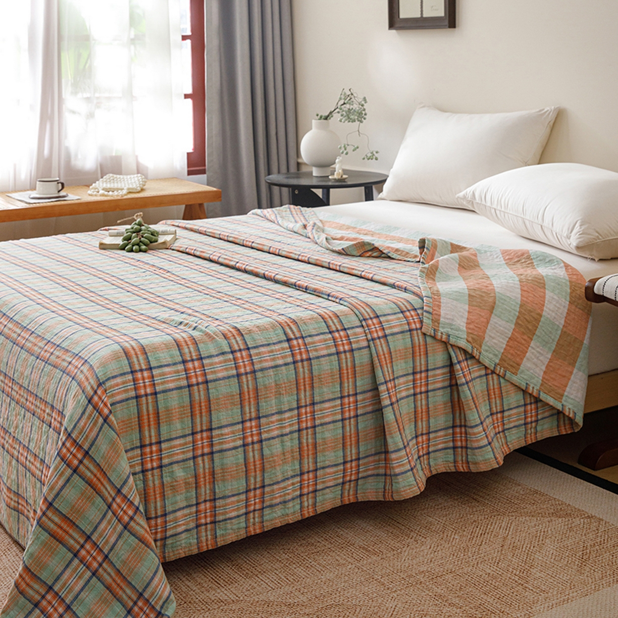 91家纺网 家纺一手货源 找家纺 悦然毛巾被 2026春夏新款全棉纯棉三层纱水洗毛巾被夏被夏凉被空调被 彩格绿