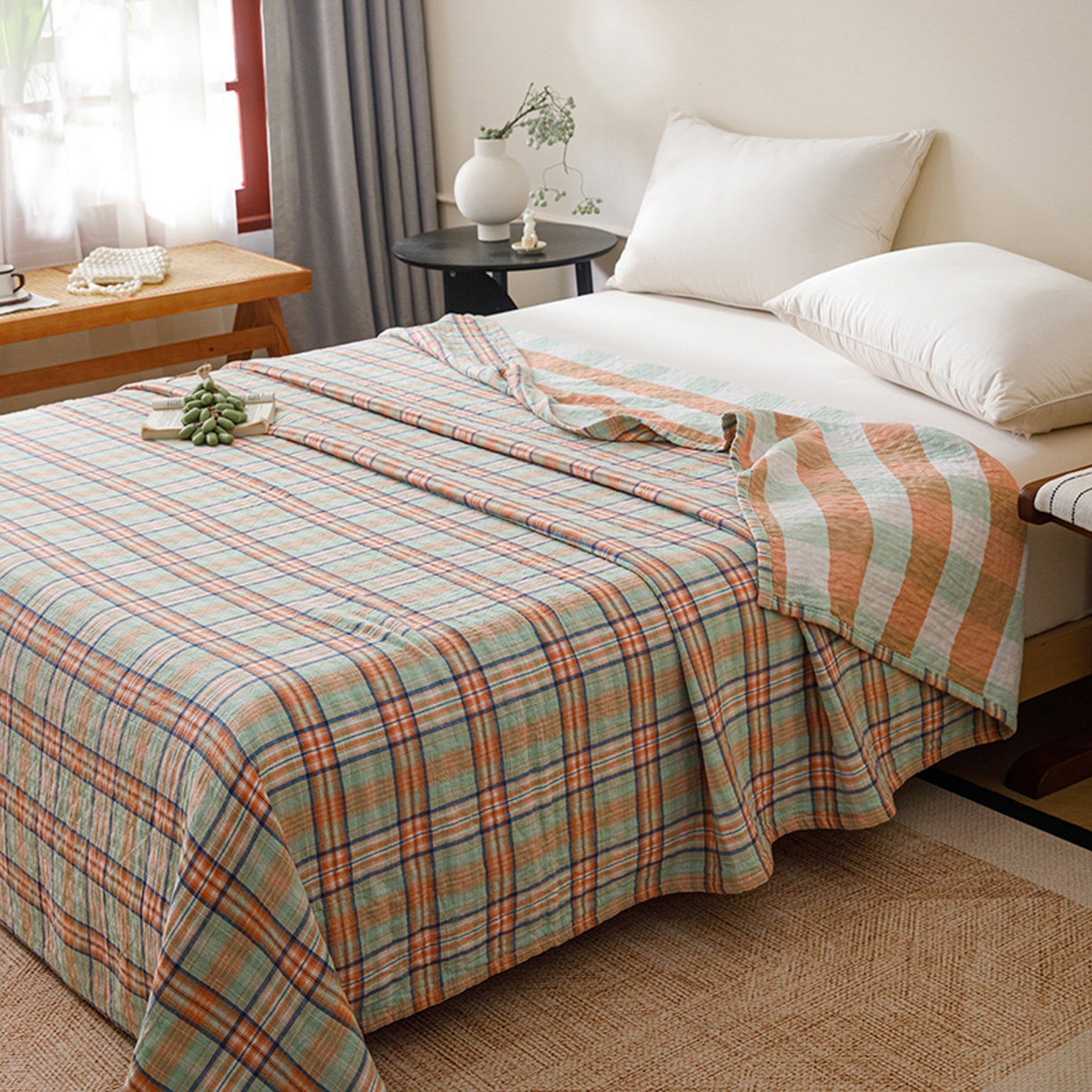 91家纺网 家纺一手货源 找家纺 悦然毛巾被 2026春夏新款全棉纯棉三层纱水洗毛巾被夏被夏凉被空调被 彩格绿