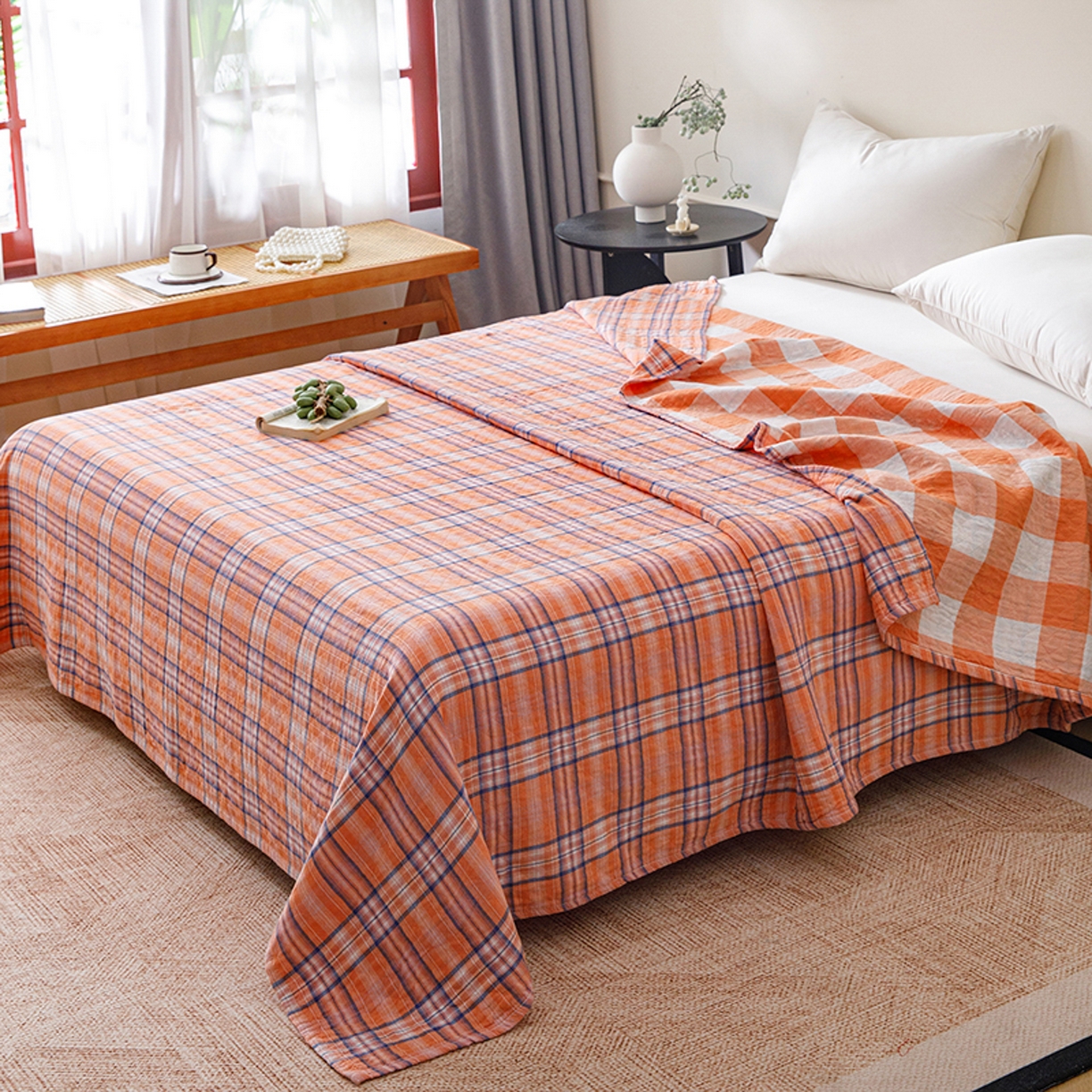 91家纺网 家纺一手货源 找家纺 悦然毛巾被 2026春夏新款全棉纯棉三层纱水洗毛巾被夏被夏凉被空调被 彩格橙