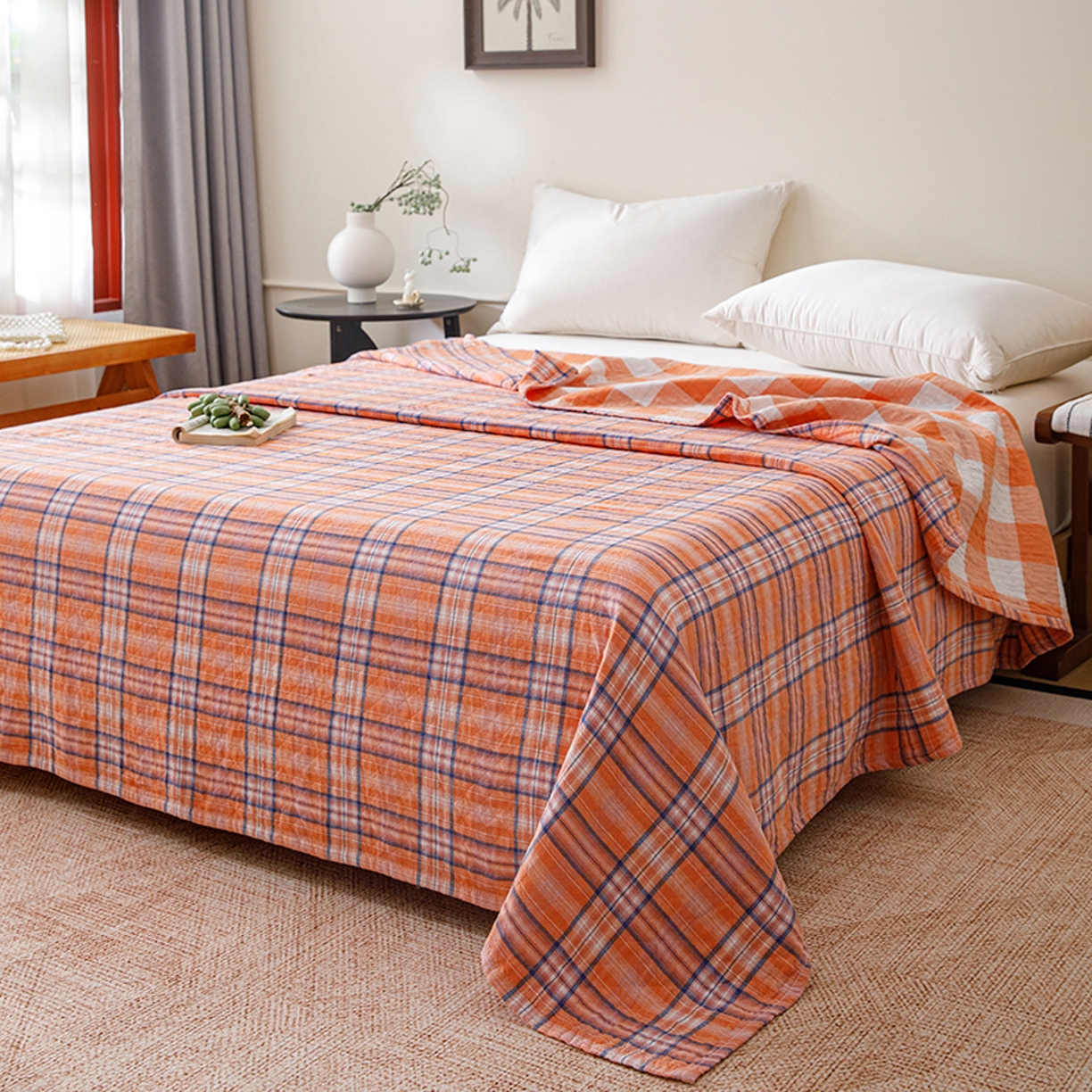 91家纺网 家纺一手货源 找家纺 悦然毛巾被 2026春夏新款全棉纯棉三层纱水洗毛巾被夏被夏凉被空调被 彩格橙