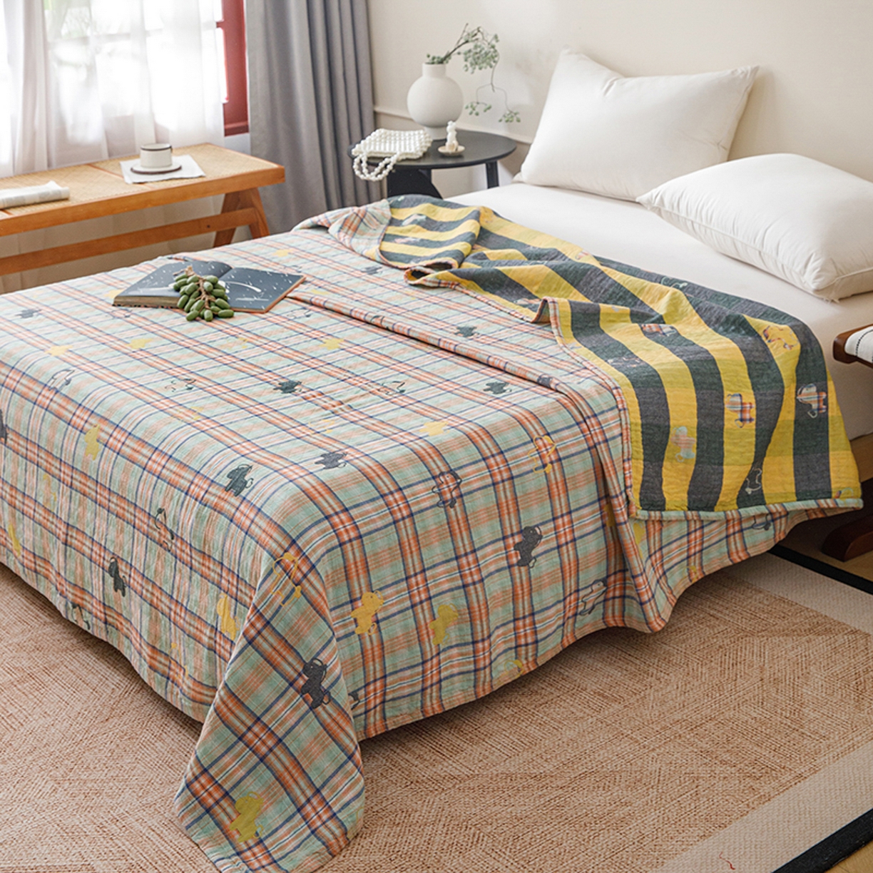 91家纺网 家纺一手货源 找家纺 悦然毛巾被 2026春夏新款全棉纯棉三层纱水洗毛巾被夏被夏凉被空调被 彩格小马绿