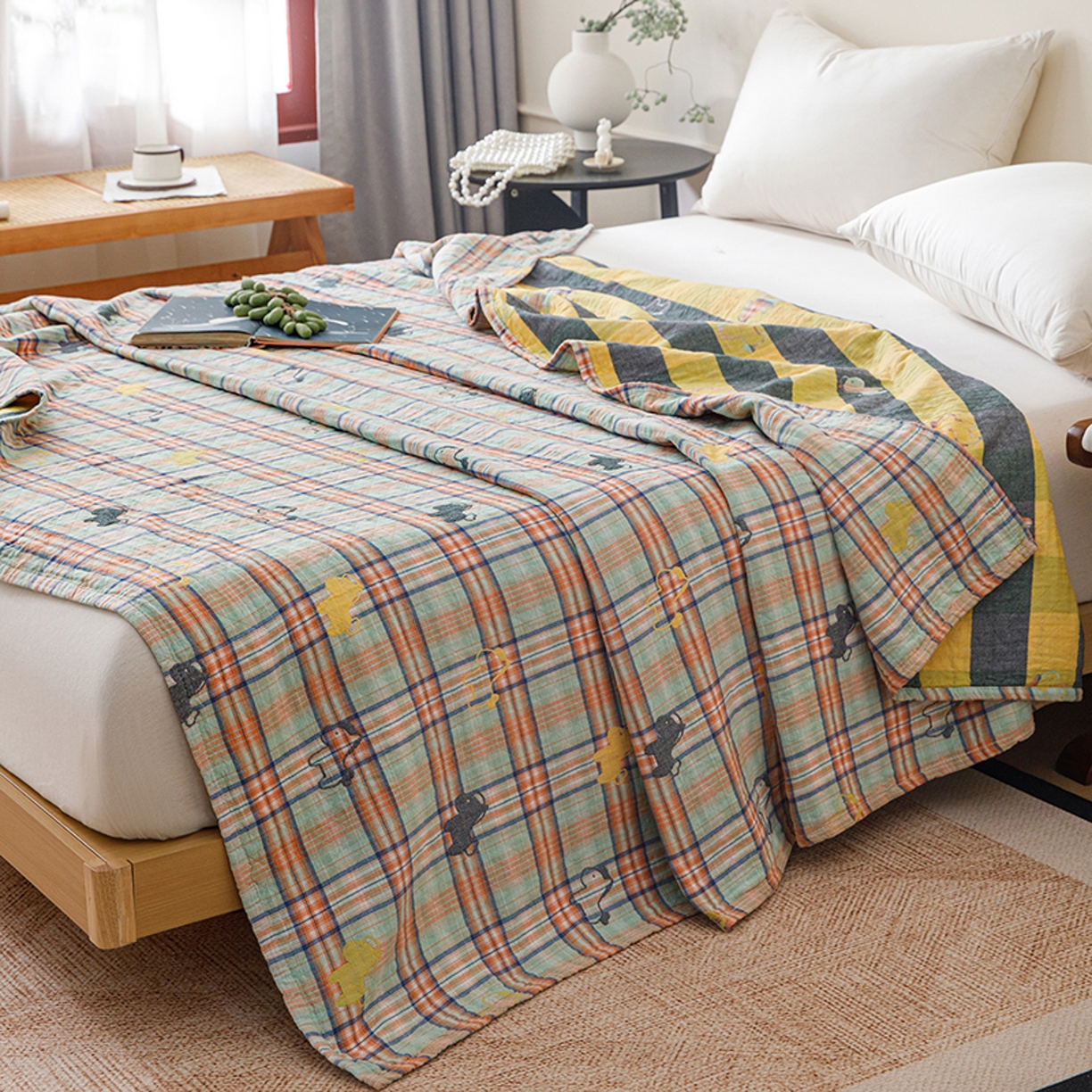 91家纺网 家纺一手货源 找家纺 悦然毛巾被 2026春夏新款全棉纯棉三层纱水洗毛巾被夏被夏凉被空调被 彩格小马绿