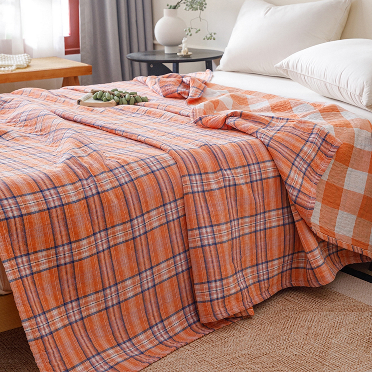 91家纺网 家纺一手货源 找家纺 悦然毛巾被 2026春夏新款全棉纯棉三层纱水洗毛巾被夏被夏凉被空调被 彩格橙