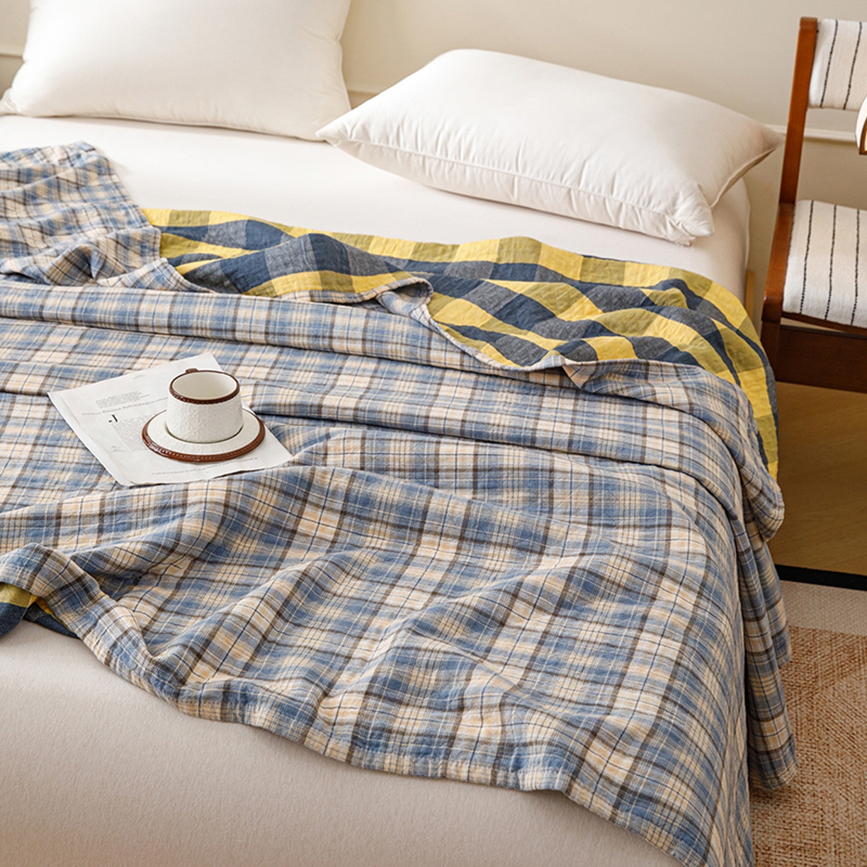 91家纺网 家纺一手货源 找家纺 悦然毛巾被 2026春夏新款全棉纯棉三层纱水洗毛巾被夏被夏凉被空调被 彩格蓝