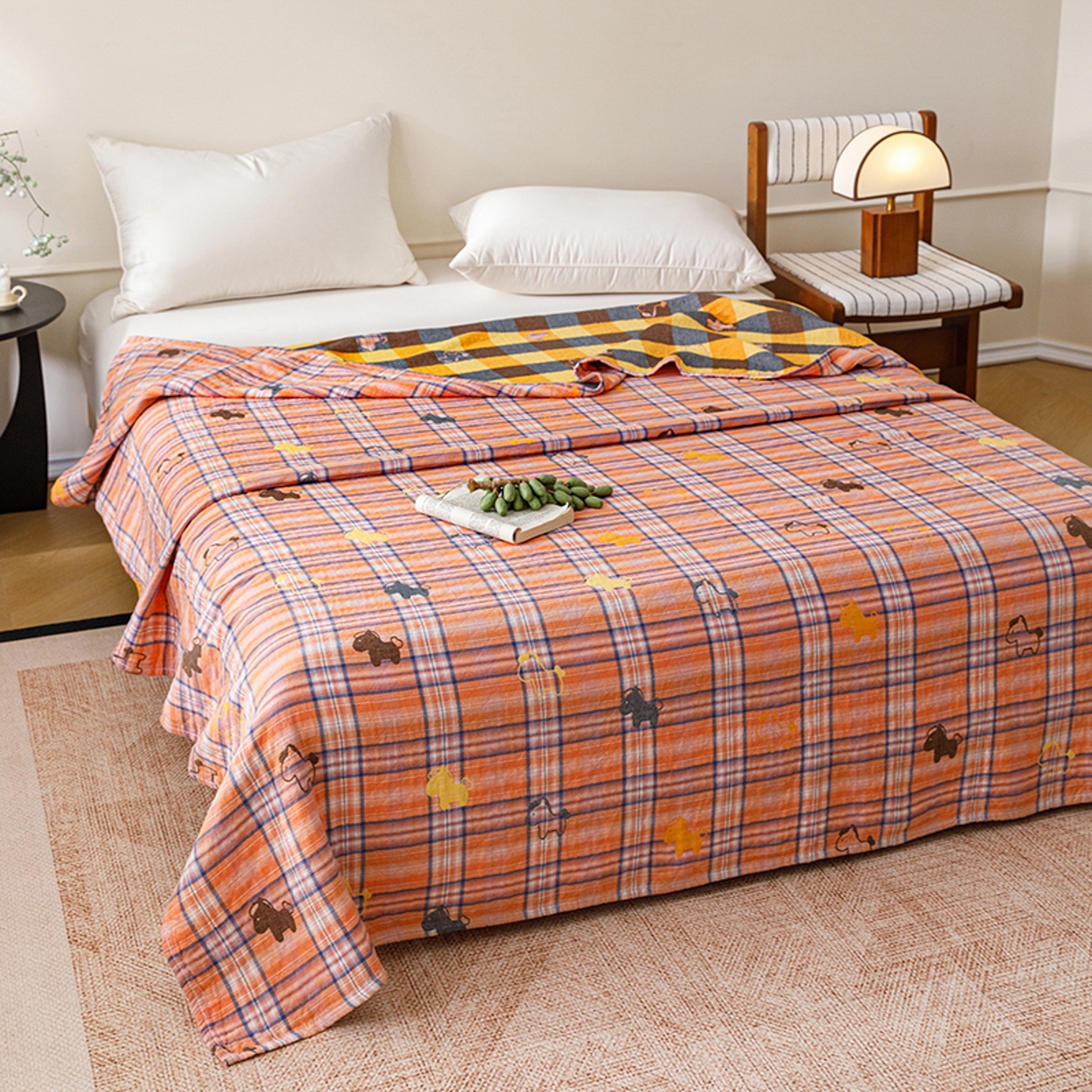 91家纺网 家纺一手货源 找家纺 悦然毛巾被 2026春夏新款全棉纯棉三层纱水洗毛巾被夏被夏凉被空调被 彩格小马橙