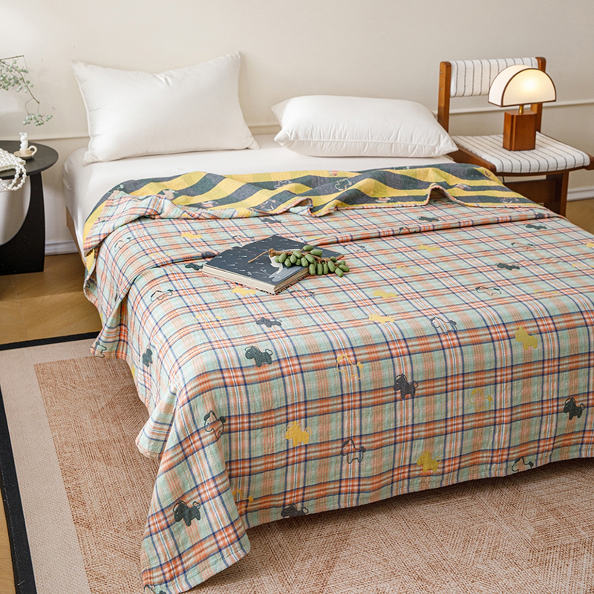 91家纺网 家纺一手货源 找家纺 悦然毛巾被 2026春夏新款全棉纯棉三层纱水洗毛巾被夏被夏凉被空调被 彩格小马绿