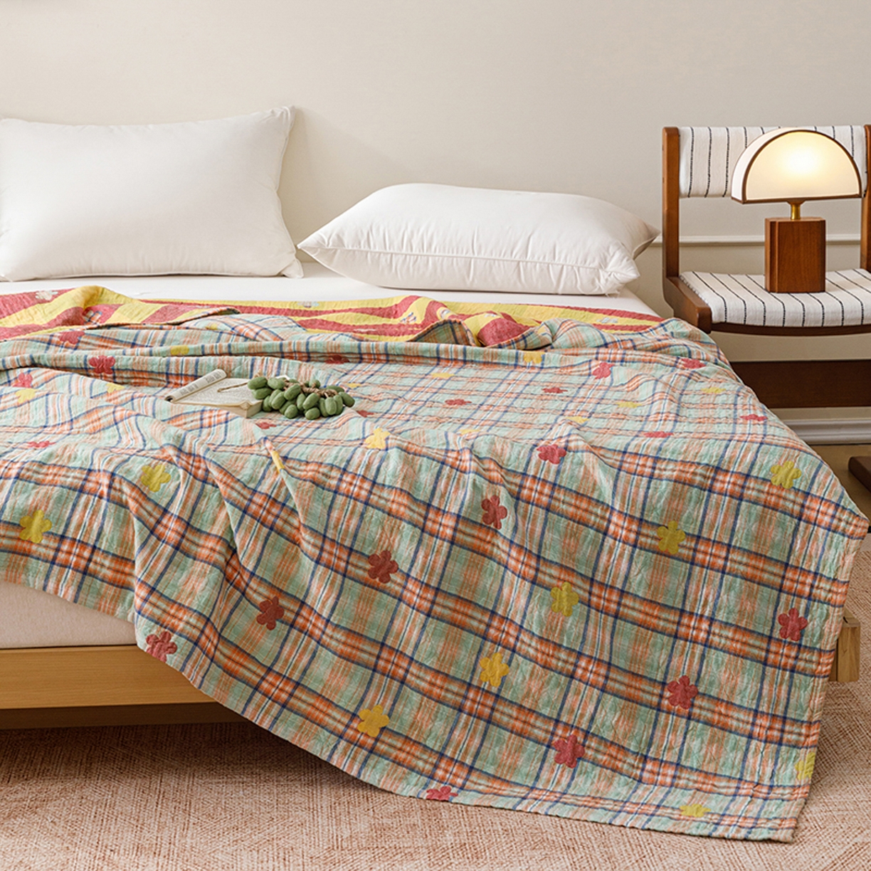 91家纺网 家纺一手货源 找家纺 悦然毛巾被 2026春夏新款全棉纯棉三层纱水洗毛巾被夏被夏凉被空调被 彩格小花绿