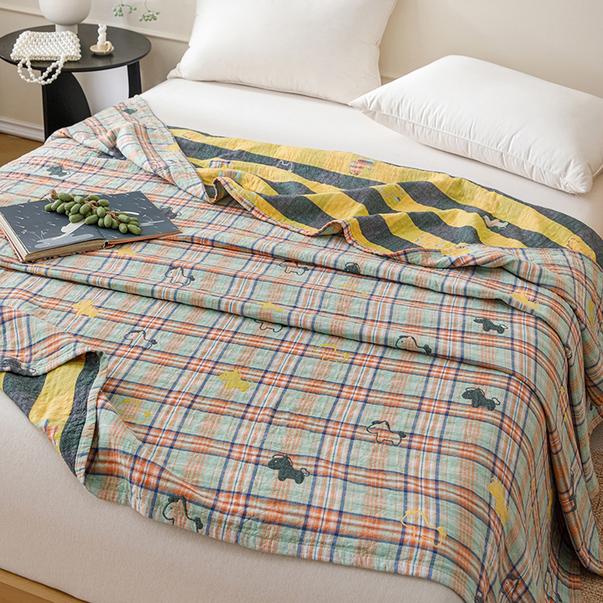 91家纺网 家纺一手货源 找家纺 悦然毛巾被 2026春夏新款全棉纯棉三层纱水洗毛巾被夏被夏凉被空调被 彩格小马绿