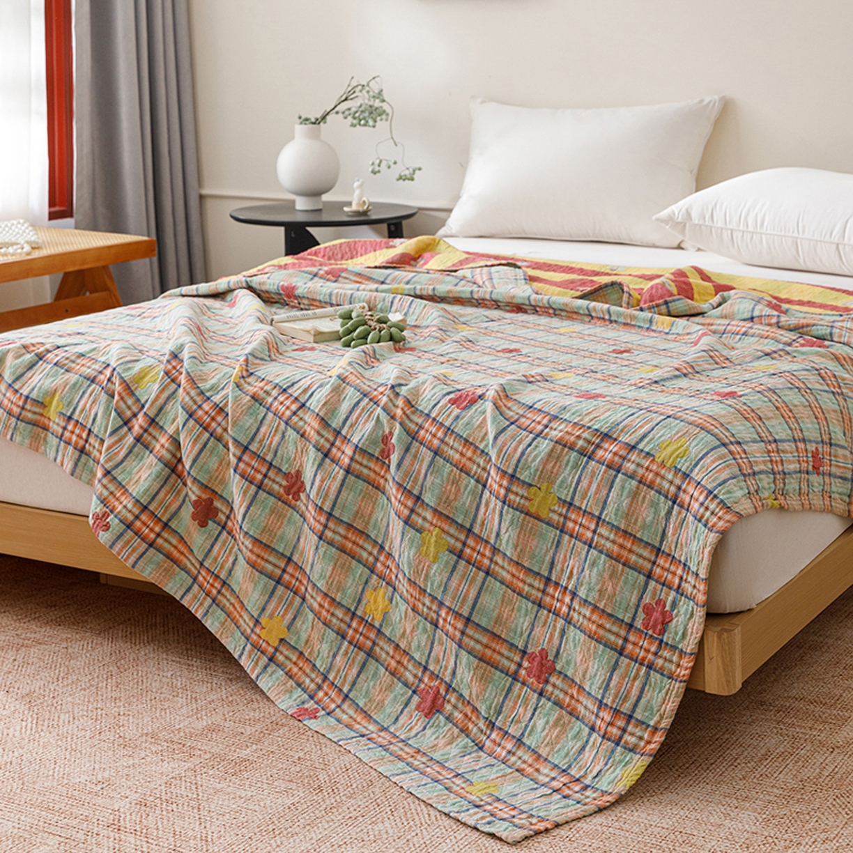 91家纺网 家纺一手货源 找家纺 悦然毛巾被 2026春夏新款全棉纯棉三层纱水洗毛巾被夏被夏凉被空调被 彩格小花绿