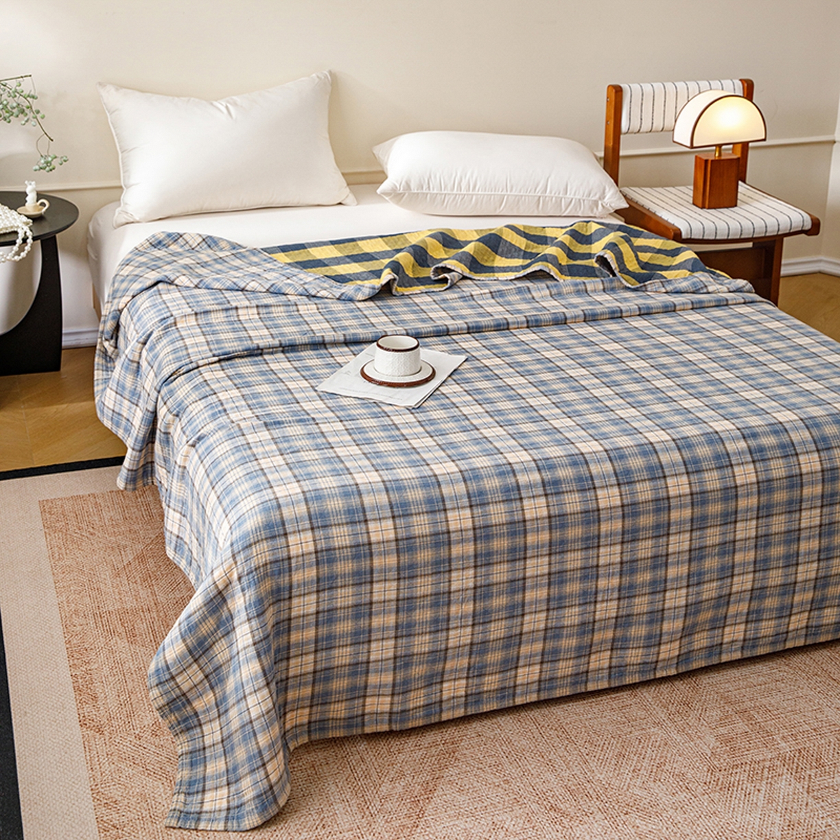 91家纺网 家纺一手货源 找家纺 悦然毛巾被 2026春夏新款全棉纯棉三层纱水洗毛巾被夏被夏凉被空调被 彩格蓝