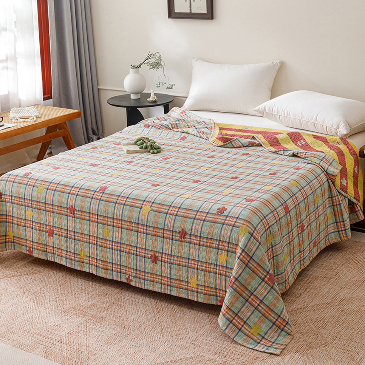 91家纺网 家纺一手货源 找家纺 悦然毛巾被 2026春夏新款全棉纯棉三层纱水洗毛巾被夏被夏凉被空调被 彩格小花绿