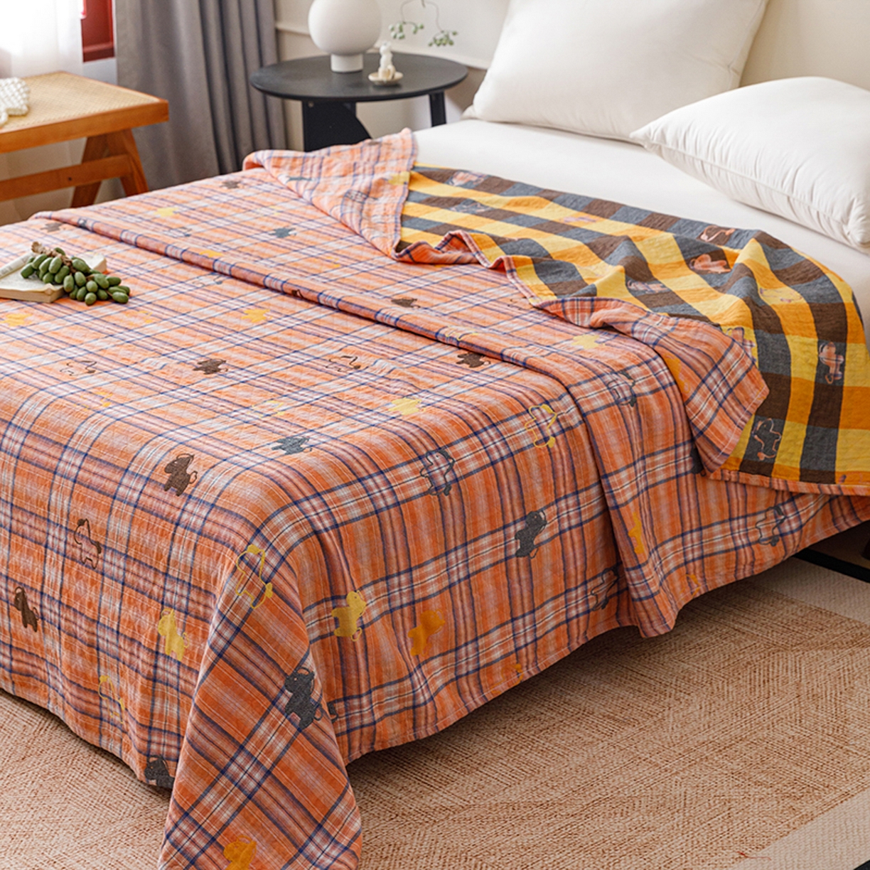 91家纺网 家纺一手货源 找家纺 悦然毛巾被 2026春夏新款全棉纯棉三层纱水洗毛巾被夏被夏凉被空调被 彩格小马橙