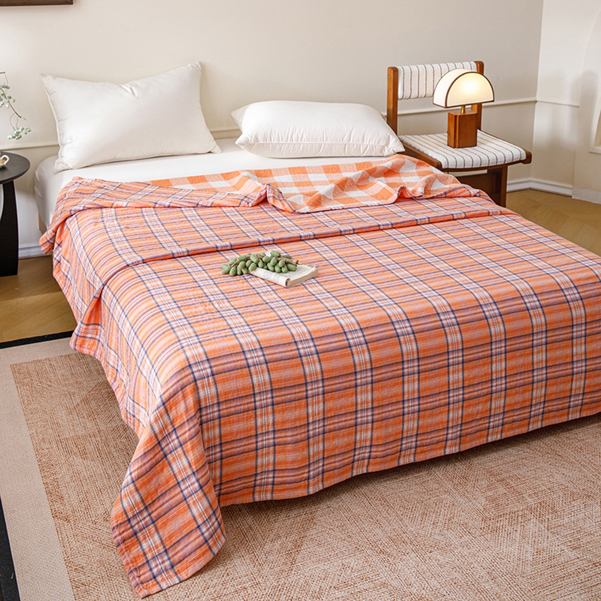 91家纺网 家纺一手货源 找家纺 悦然毛巾被 2026春夏新款全棉纯棉三层纱水洗毛巾被夏被夏凉被空调被 彩格橙