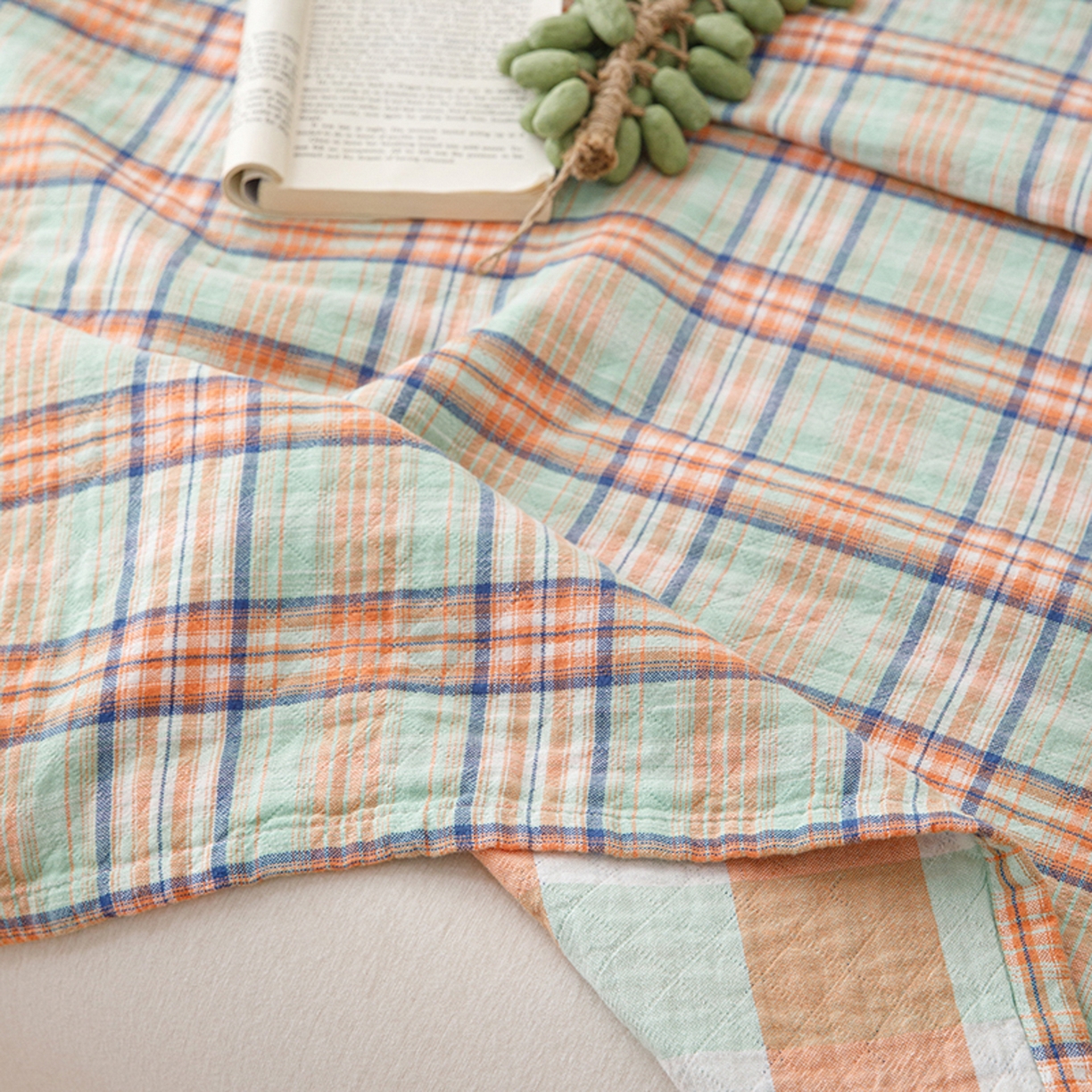 91家纺网 家纺一手货源 找家纺 悦然毛巾被 2026春夏新款全棉纯棉三层纱水洗毛巾被夏被夏凉被空调被 彩格绿