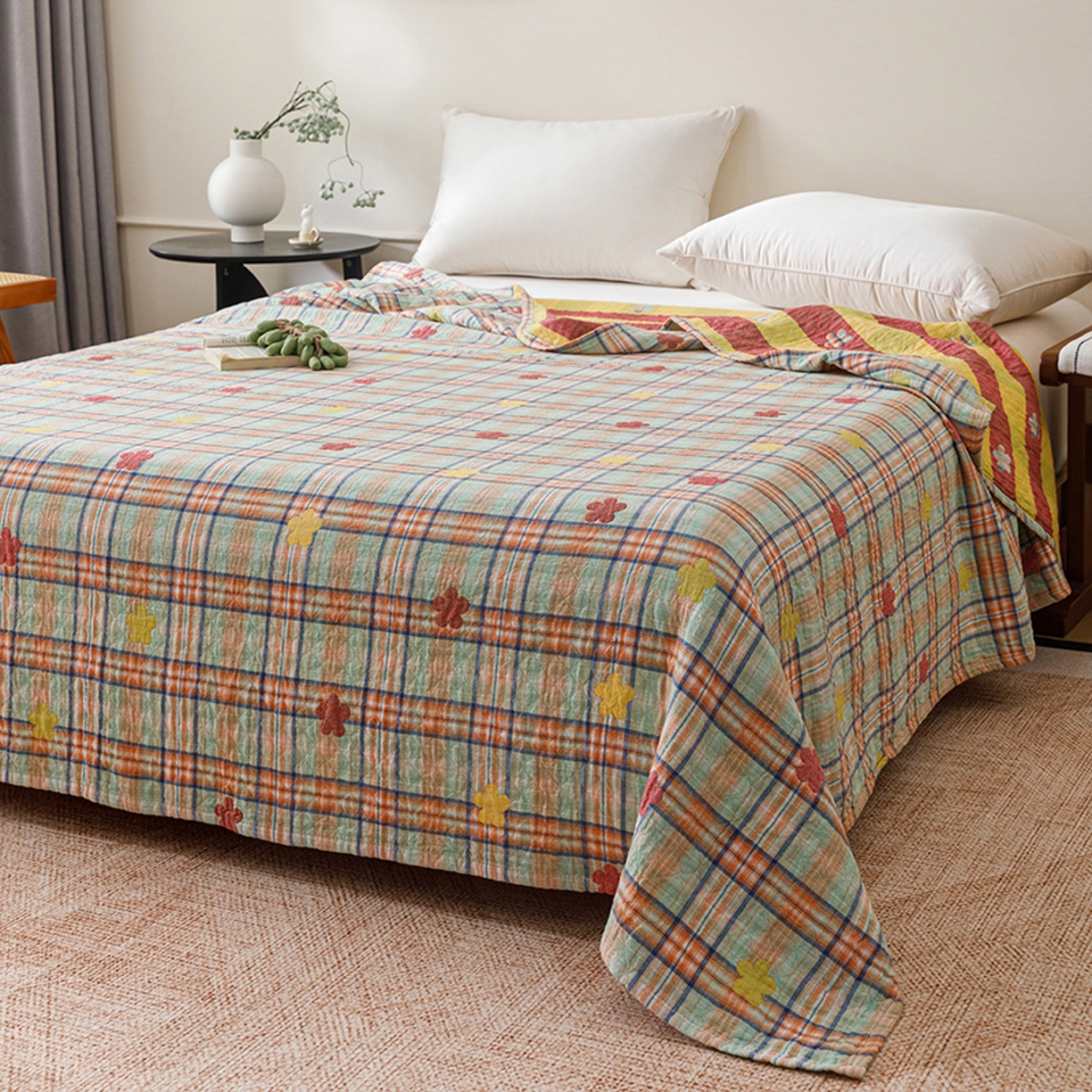 91家纺网 家纺一手货源 找家纺 悦然毛巾被 2026春夏新款全棉纯棉三层纱水洗毛巾被夏被夏凉被空调被 彩格小花绿