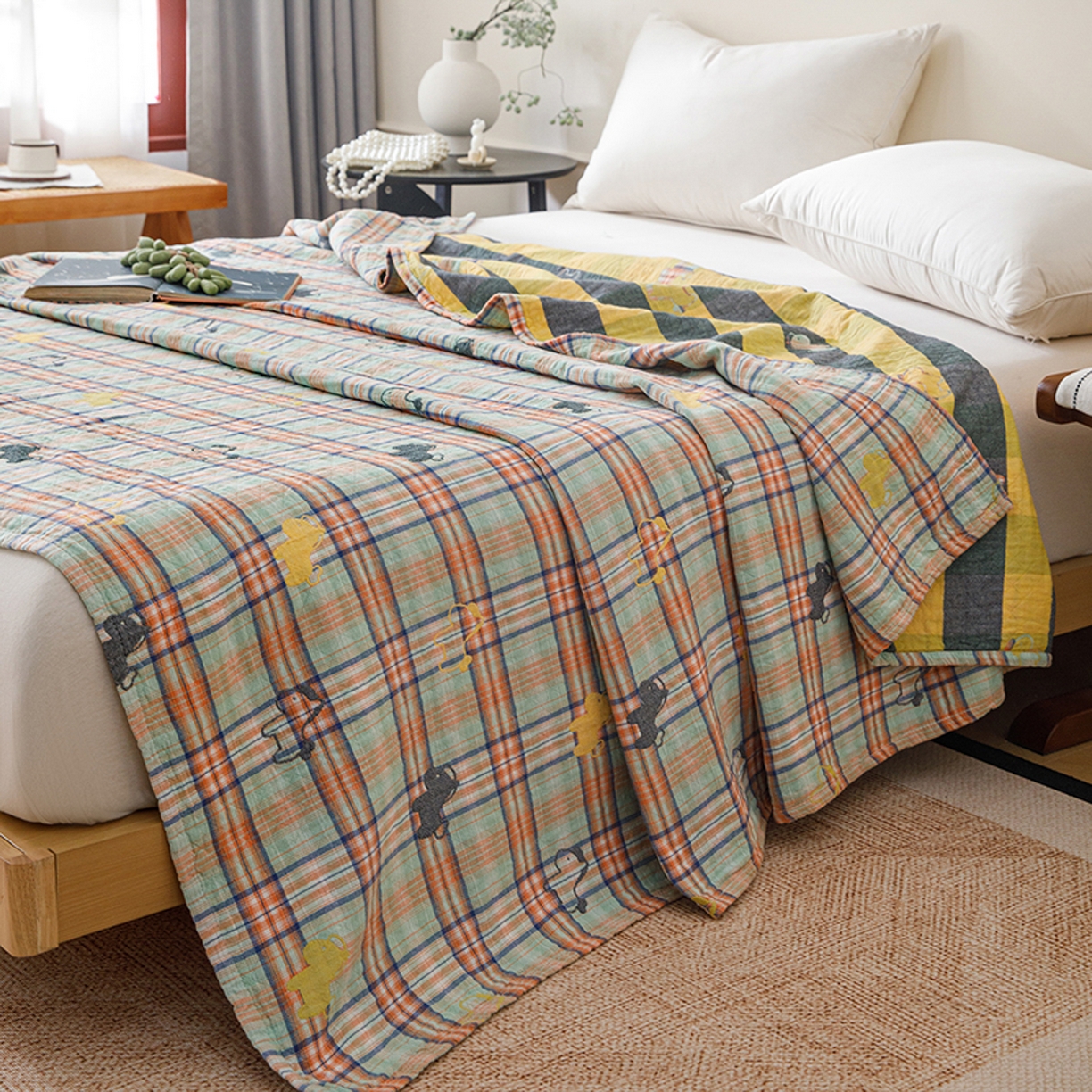 91家纺网 家纺一手货源 找家纺 悦然毛巾被 2026春夏新款全棉纯棉三层纱水洗毛巾被夏被夏凉被空调被 彩格小马绿