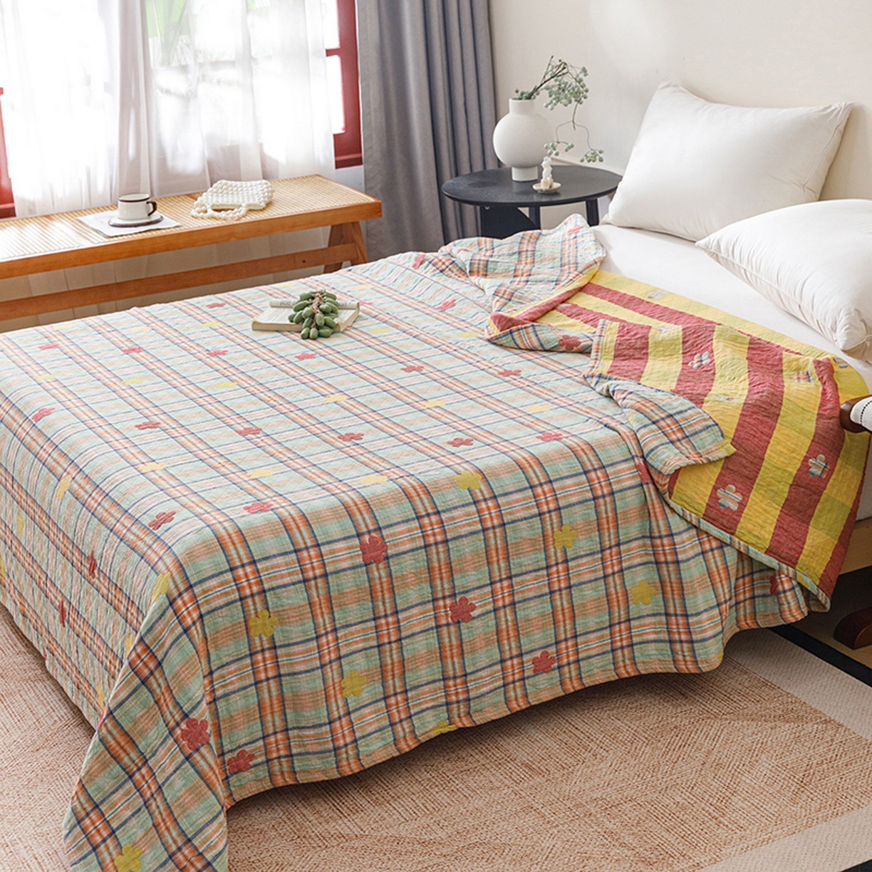 91家纺网 家纺一手货源 找家纺 悦然毛巾被 2026春夏新款全棉纯棉三层纱水洗毛巾被夏被夏凉被空调被 彩格小花绿