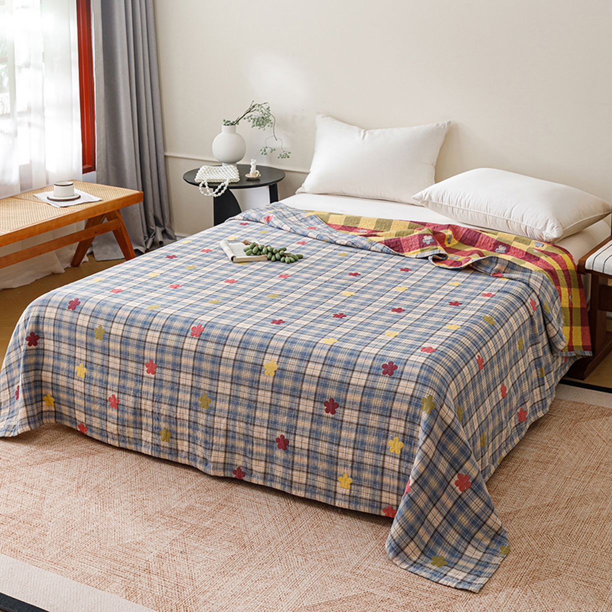 91家纺网 家纺一手货源 找家纺 悦然毛巾被 2026春夏新款全棉纯棉三层纱水洗毛巾被夏被夏凉被空调被 彩格小花蓝