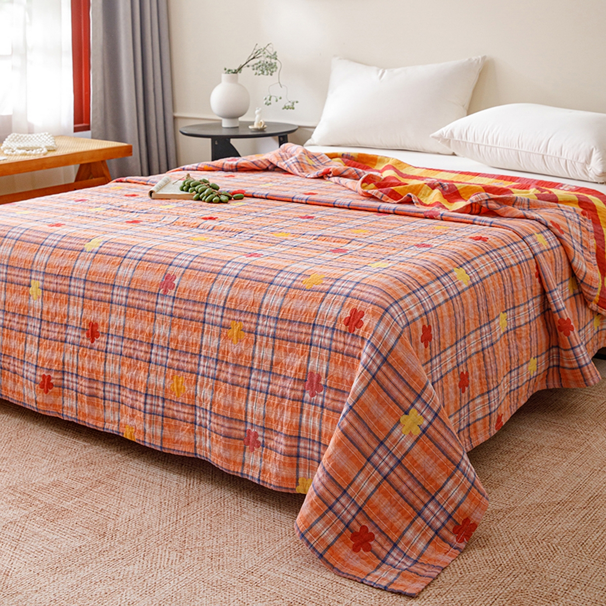 91家纺网 家纺一手货源 找家纺 悦然毛巾被 2026春夏新款全棉纯棉三层纱水洗毛巾被夏被夏凉被空调被 彩格小花橙