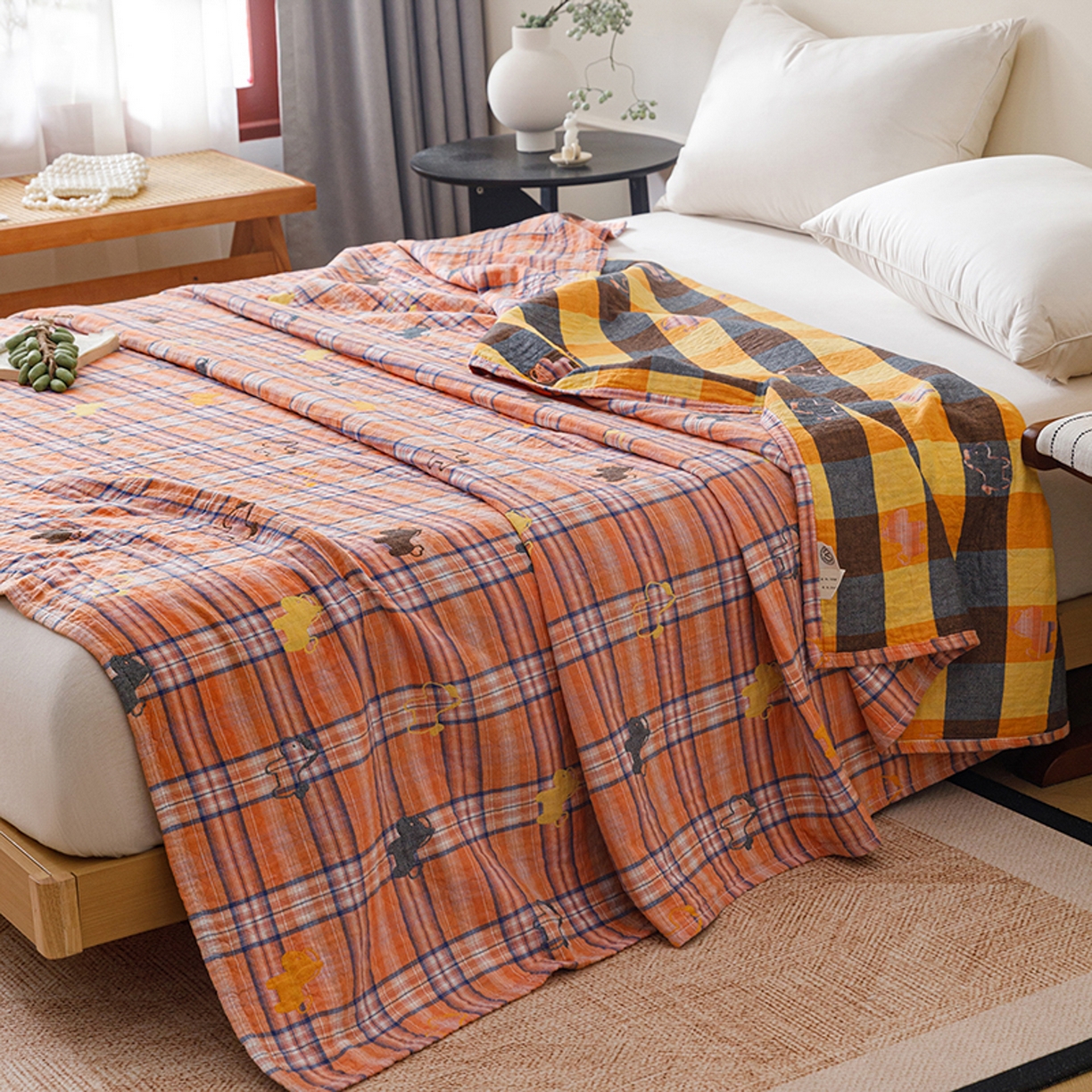 91家纺网 家纺一手货源 找家纺 悦然毛巾被 2026春夏新款全棉纯棉三层纱水洗毛巾被夏被夏凉被空调被 彩格小马橙