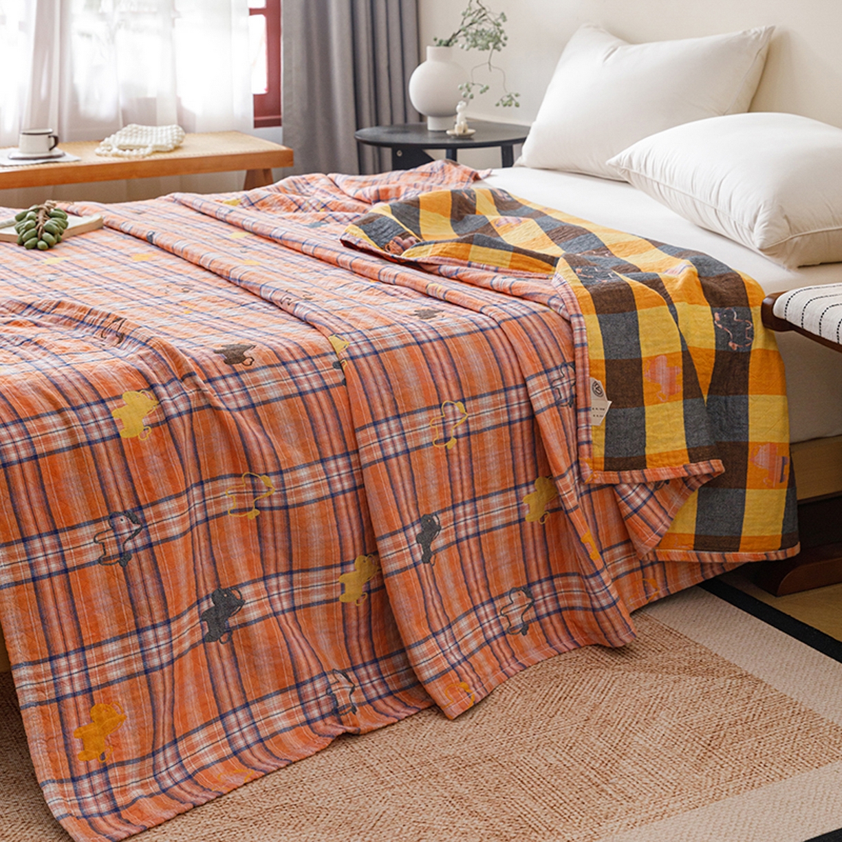 91家纺网 家纺一手货源 找家纺 悦然毛巾被 2026春夏新款全棉纯棉三层纱水洗毛巾被夏被夏凉被空调被 彩格小马橙