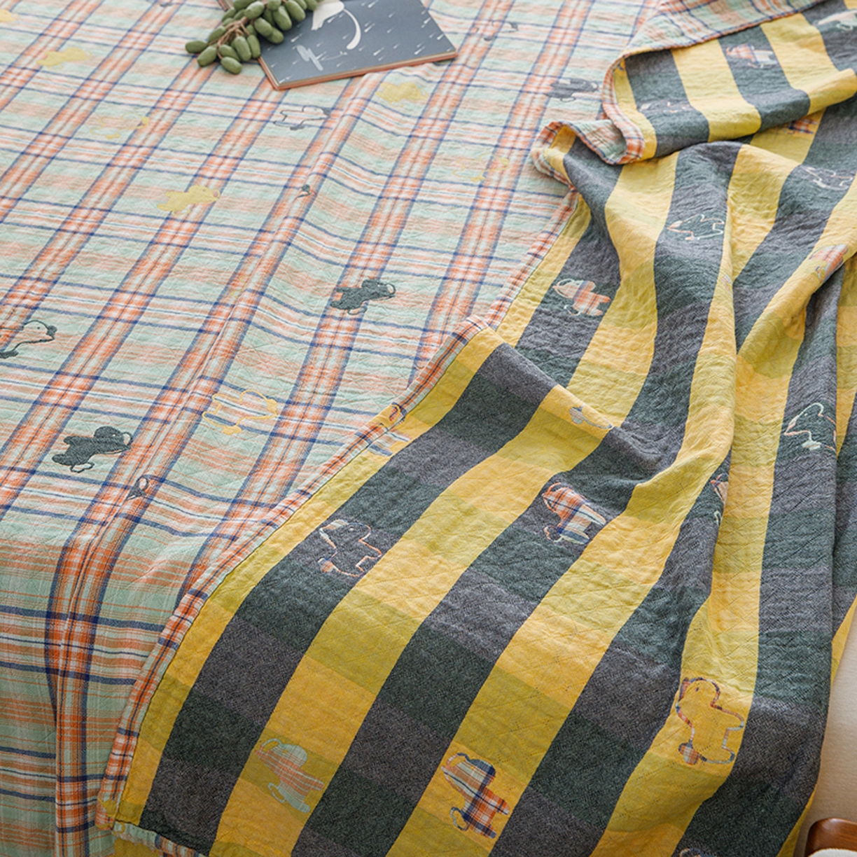 91家纺网 家纺一手货源 找家纺 悦然毛巾被 2026春夏新款全棉纯棉三层纱水洗毛巾被夏被夏凉被空调被 彩格小马绿