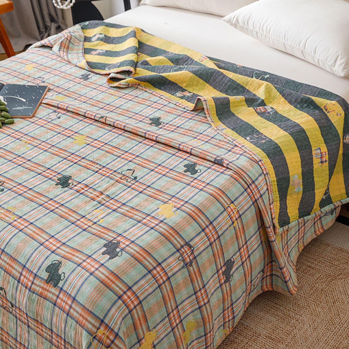 91家纺网 家纺一手货源 找家纺 悦然毛巾被 2026春夏新款全棉纯棉三层纱水洗毛巾被夏被夏凉被空调被 彩格小马绿