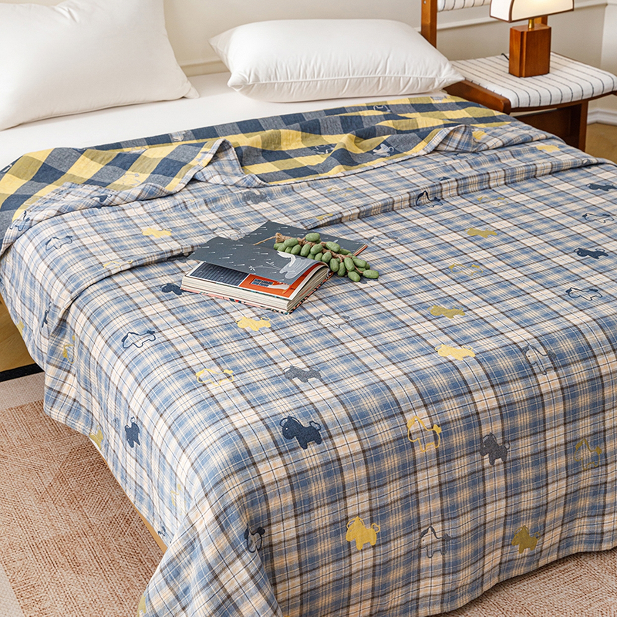 91家纺网 家纺一手货源 找家纺 悦然毛巾被 2026春夏新款全棉纯棉三层纱水洗毛巾被夏被夏凉被空调被 彩格小马蓝