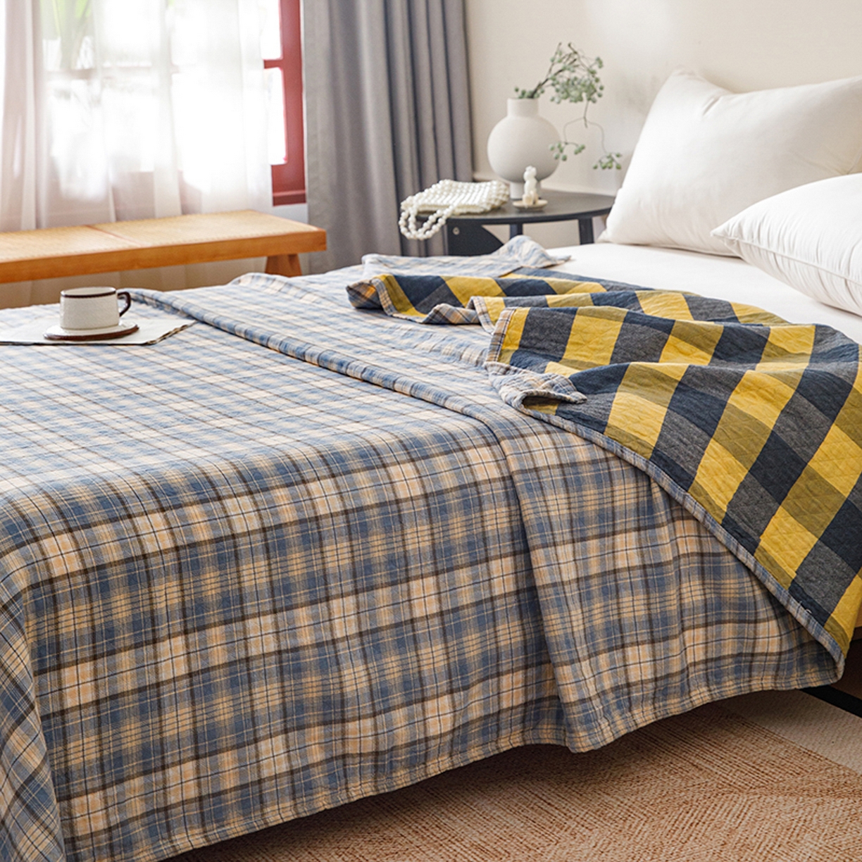 91家纺网 家纺一手货源 找家纺 悦然毛巾被 2026春夏新款全棉纯棉三层纱水洗毛巾被夏被夏凉被空调被 彩格蓝