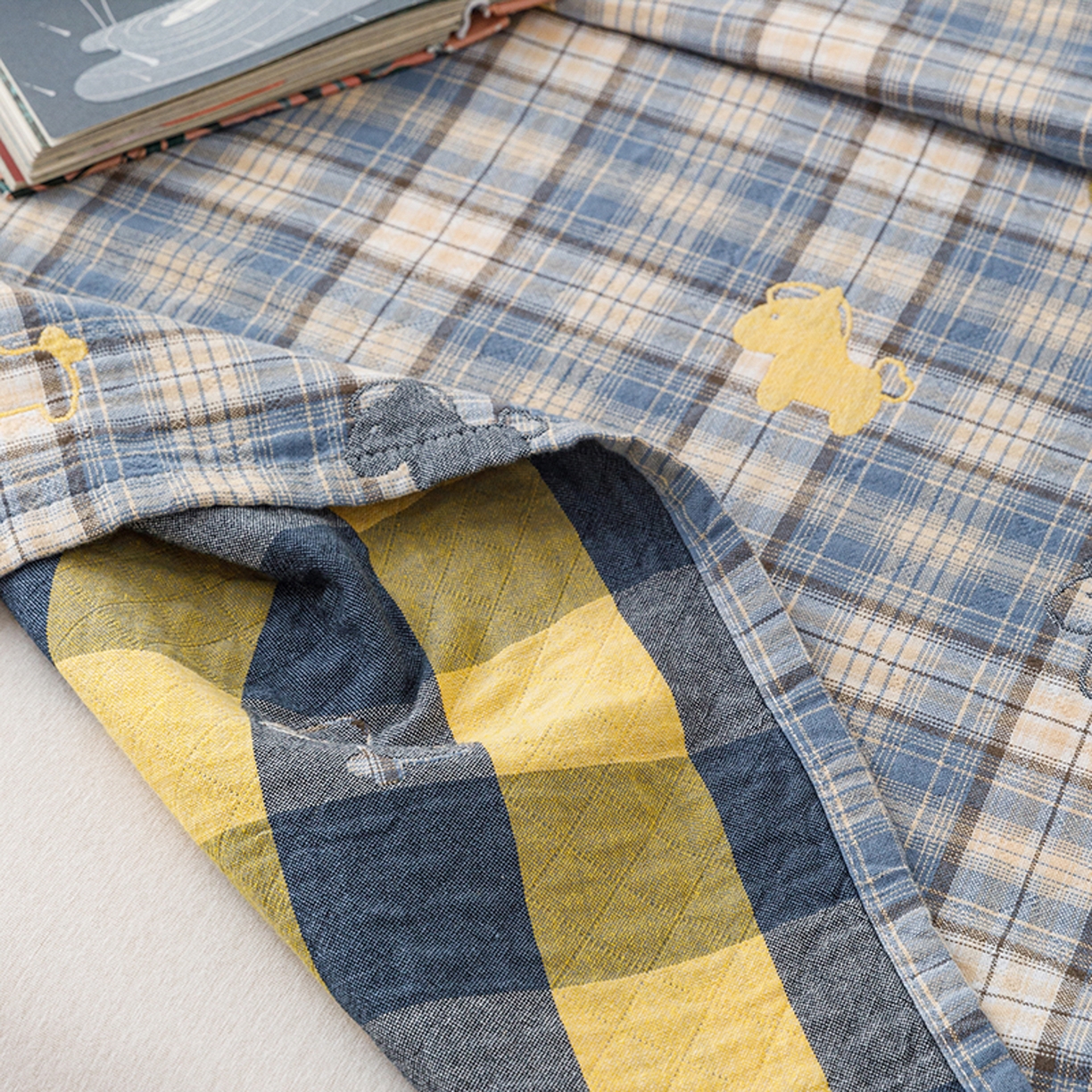 91家纺网 家纺一手货源 找家纺 悦然毛巾被 2026春夏新款全棉纯棉三层纱水洗毛巾被夏被夏凉被空调被 彩格小马蓝