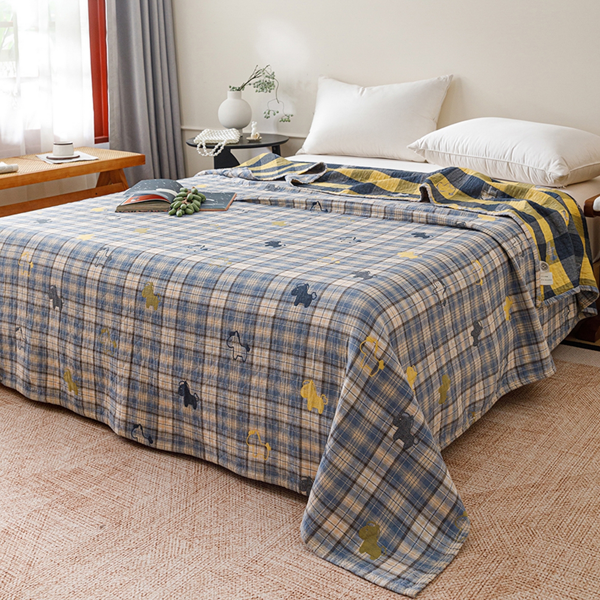 91家纺网 家纺一手货源 找家纺 悦然毛巾被 2026春夏新款全棉纯棉三层纱水洗毛巾被夏被夏凉被空调被 彩格小马蓝