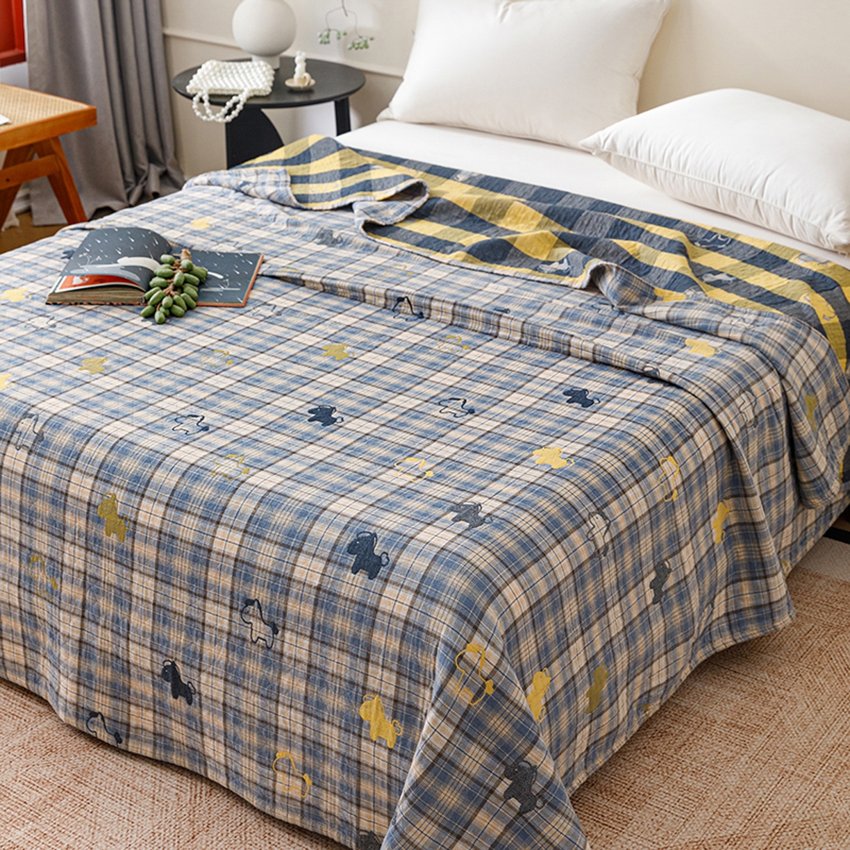 91家纺网 家纺一手货源 找家纺 悦然毛巾被 2026春夏新款全棉纯棉三层纱水洗毛巾被夏被夏凉被空调被 彩格小马蓝