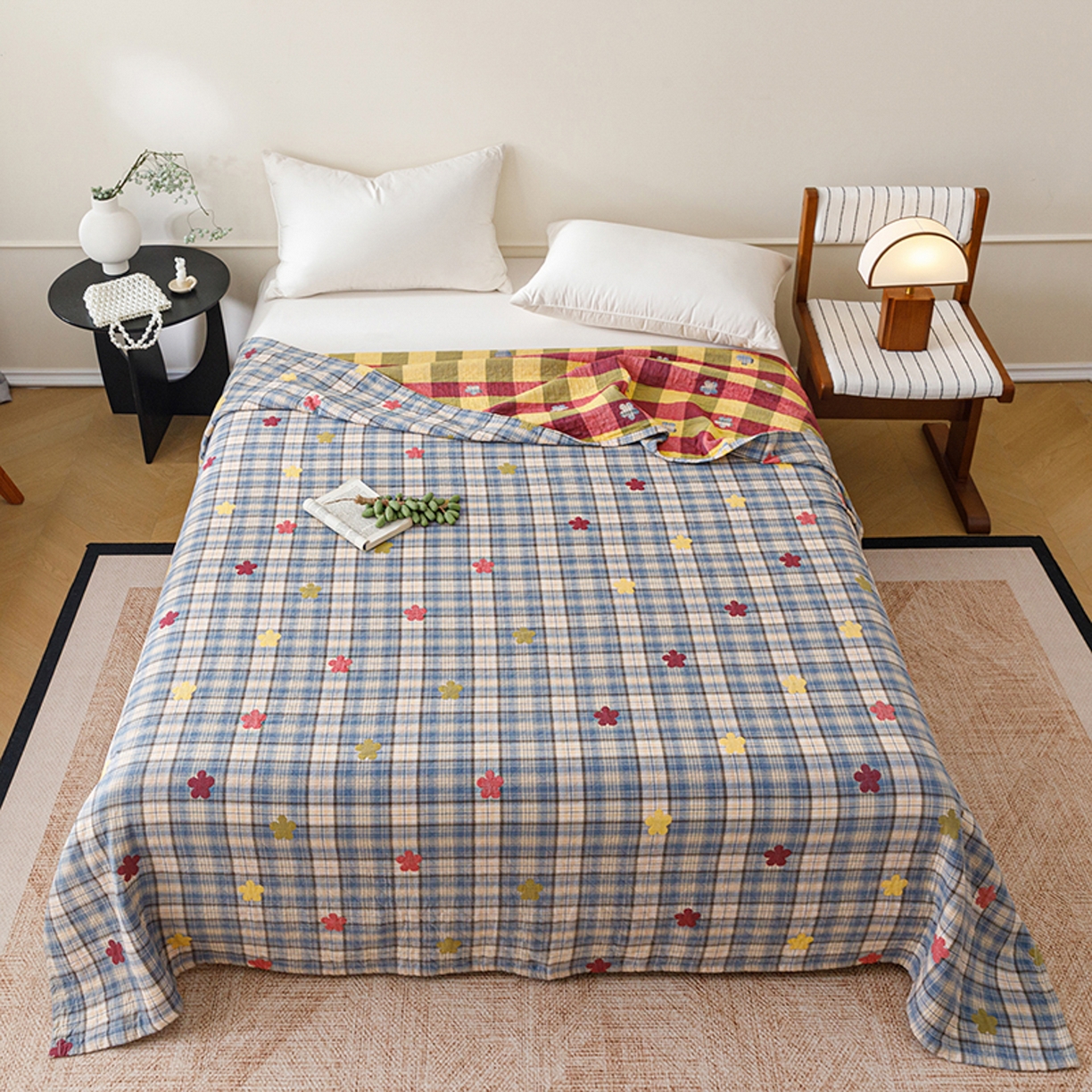 91家纺网 家纺一手货源 找家纺 悦然毛巾被 2026春夏新款全棉纯棉三层纱水洗毛巾被夏被夏凉被空调被 彩格小花蓝