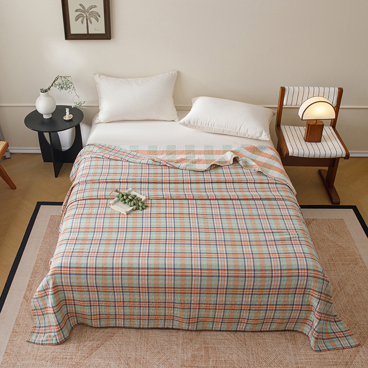 91家纺网 家纺一手货源 找家纺 悦然毛巾被 2026春夏新款全棉纯棉三层纱水洗毛巾被夏被夏凉被空调被 彩格绿