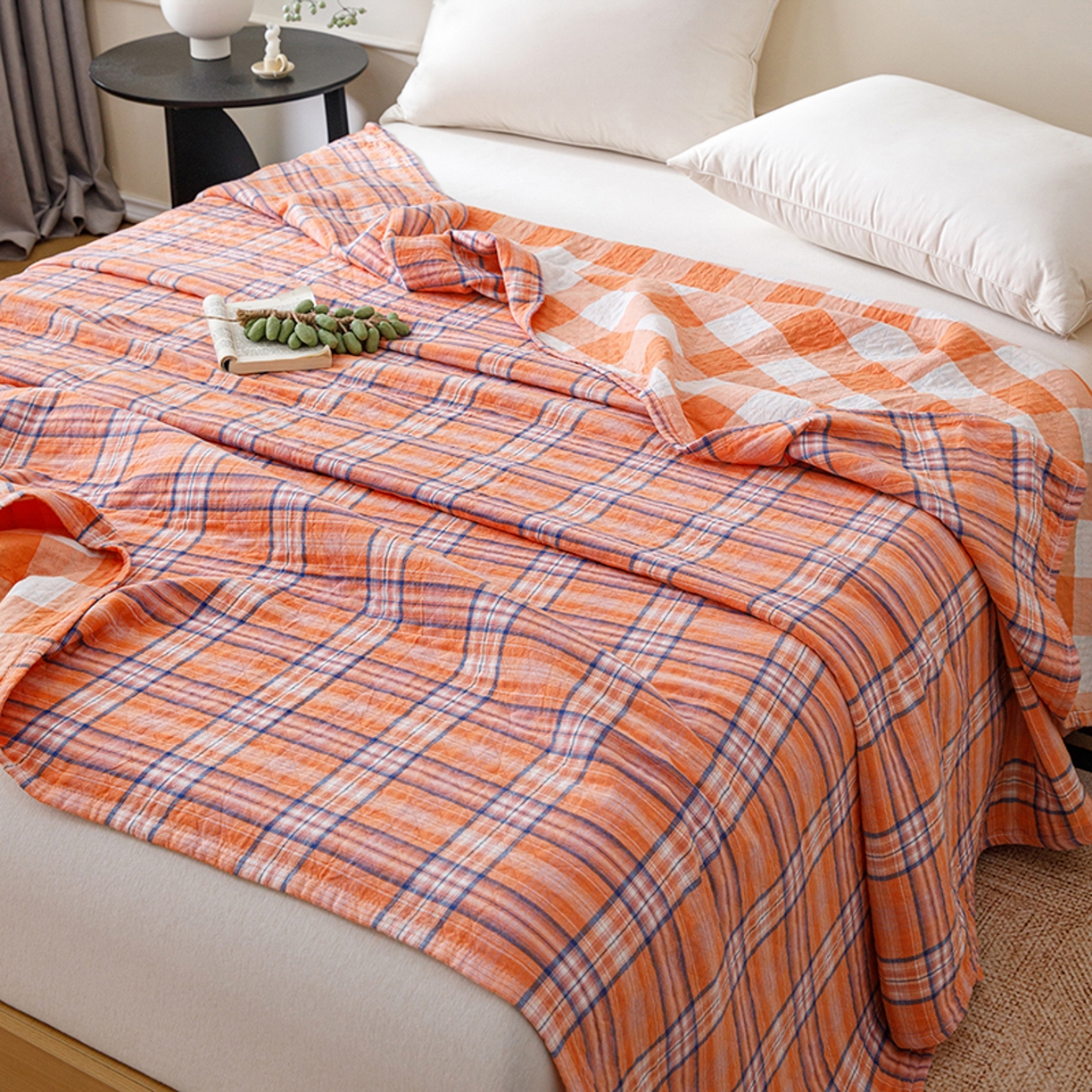 91家纺网 家纺一手货源 找家纺 悦然毛巾被 2026春夏新款全棉纯棉三层纱水洗毛巾被夏被夏凉被空调被 彩格橙