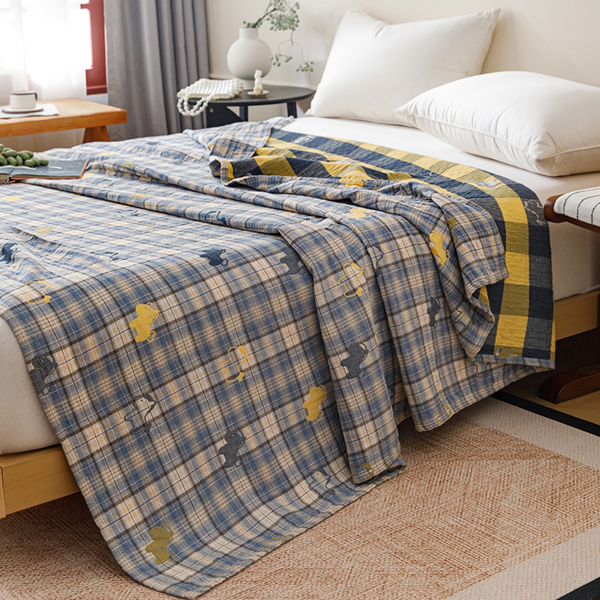 91家纺网 家纺一手货源 找家纺 悦然毛巾被 2026春夏新款全棉纯棉三层纱水洗毛巾被夏被夏凉被空调被 彩格小马蓝