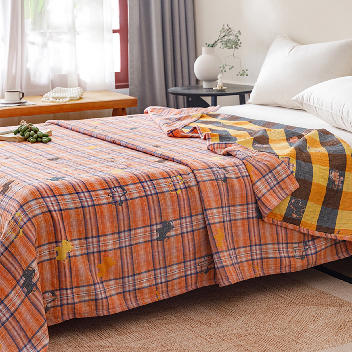 91家纺网 家纺一手货源 找家纺 悦然毛巾被 2026春夏新款全棉纯棉三层纱水洗毛巾被夏被夏凉被空调被 彩格小马橙