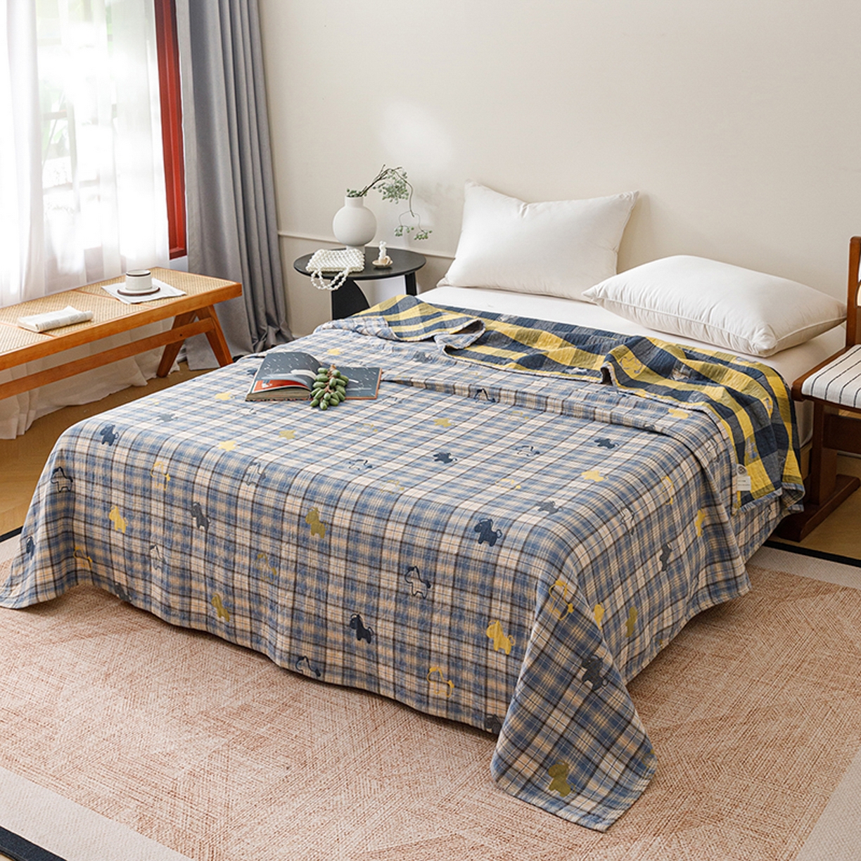 91家纺网 家纺一手货源 找家纺 悦然毛巾被 2026春夏新款全棉纯棉三层纱水洗毛巾被夏被夏凉被空调被 彩格小马蓝