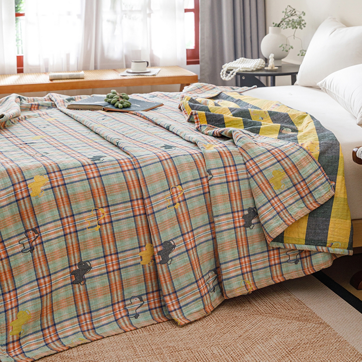 91家纺网 家纺一手货源 找家纺 悦然毛巾被 2026春夏新款全棉纯棉三层纱水洗毛巾被夏被夏凉被空调被 彩格小马绿