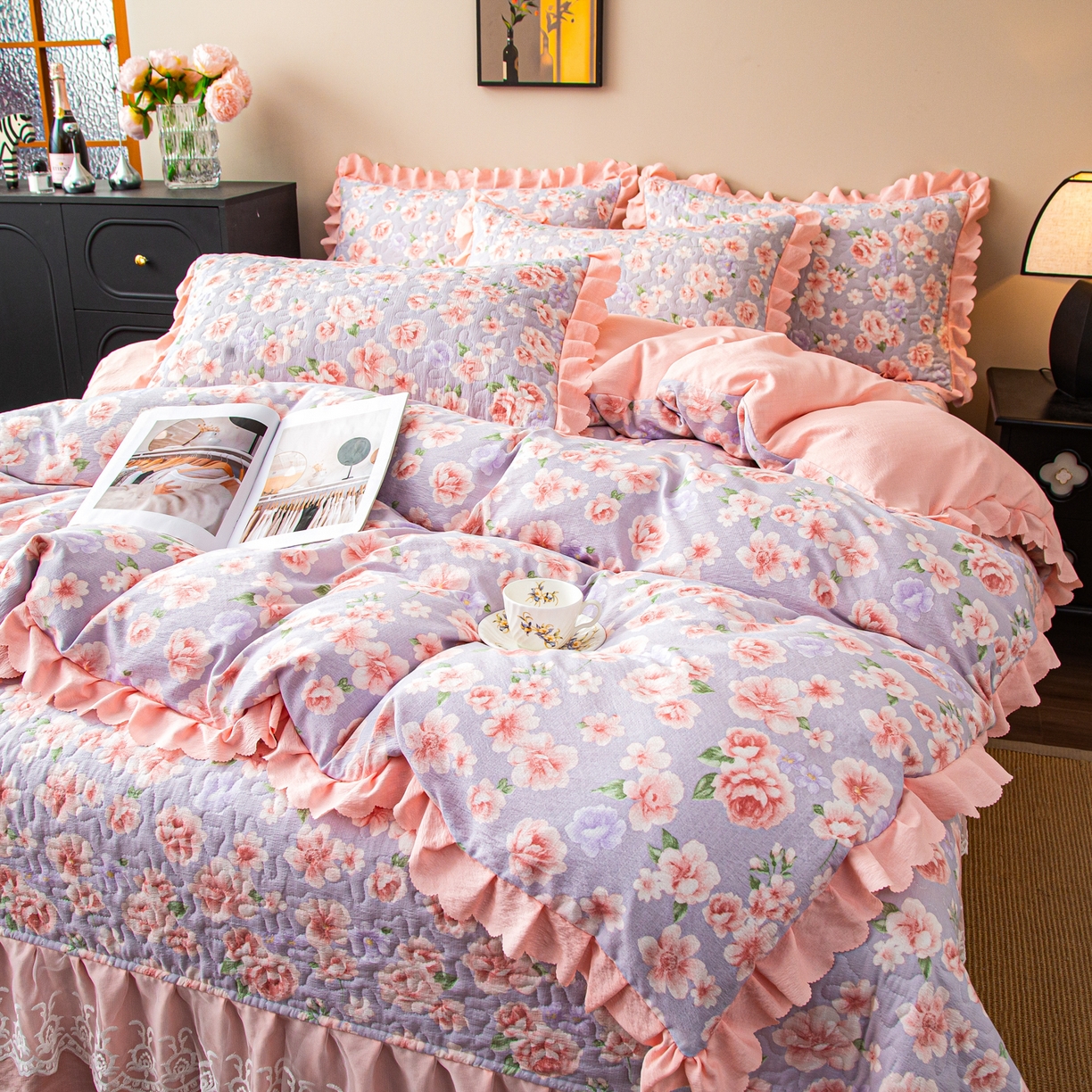 91家纺网 家纺一手货源 找家纺 美之润家纺 2026新款原麻夹棉床盖四件套 粉雾玫瑰