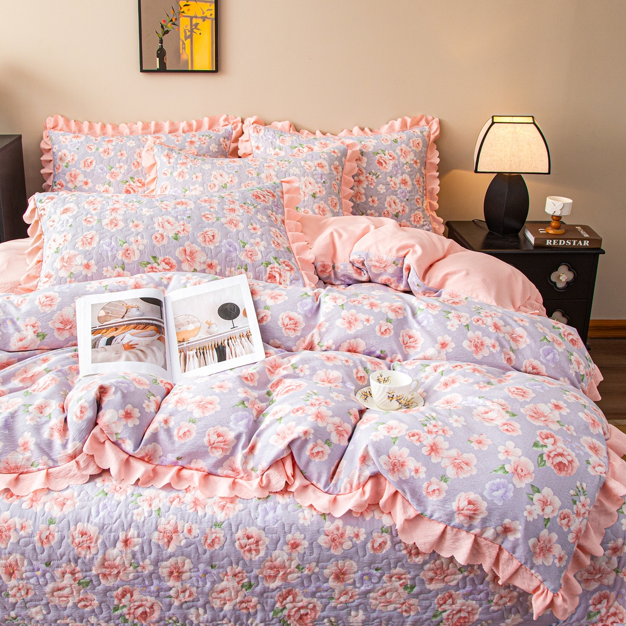 91家纺网 家纺一手货源 找家纺 美之润家纺 2026新款原麻夹棉床盖四件套 粉雾玫瑰