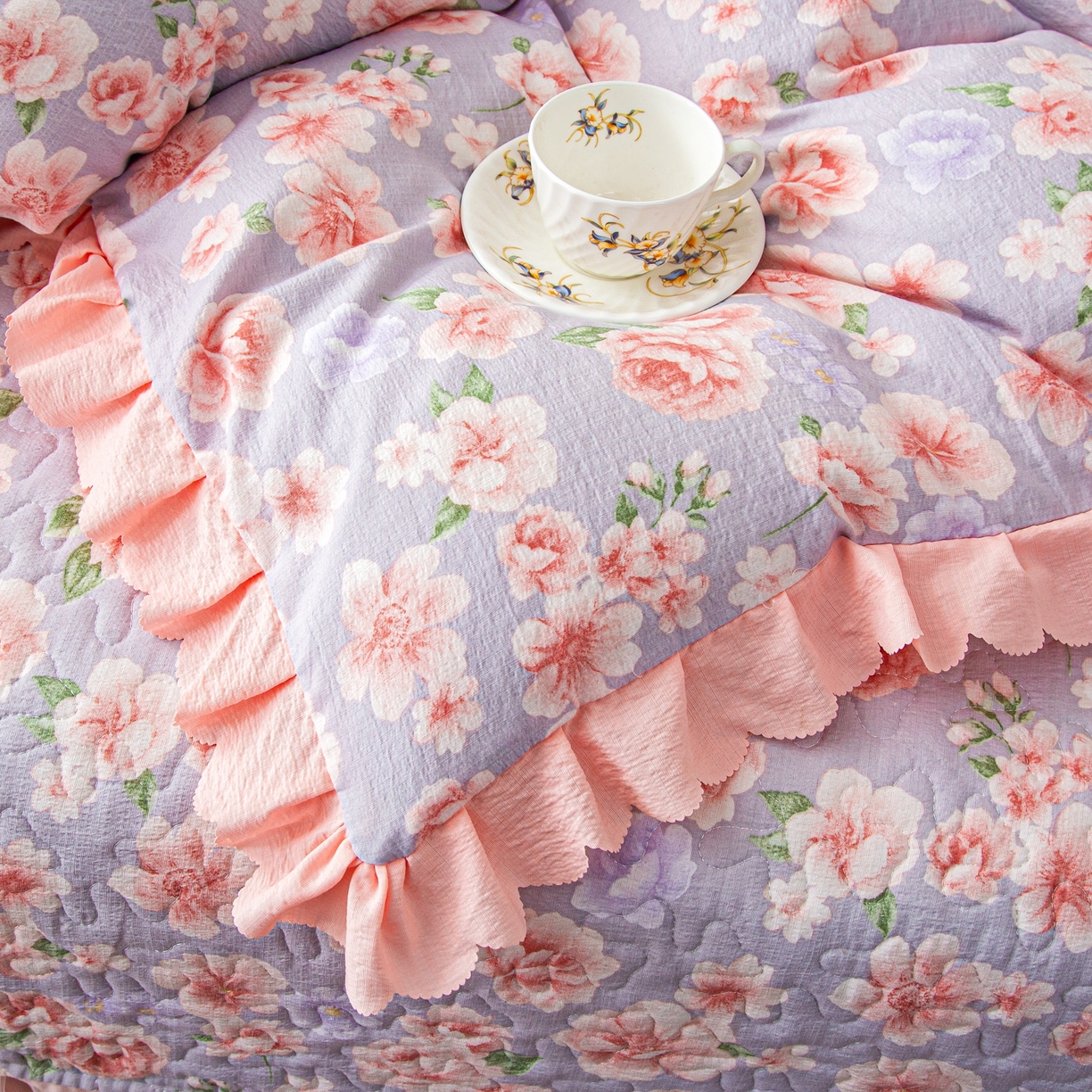 91家纺网 家纺一手货源 找家纺 美之润家纺 2026新款原麻夹棉床盖四件套 粉雾玫瑰